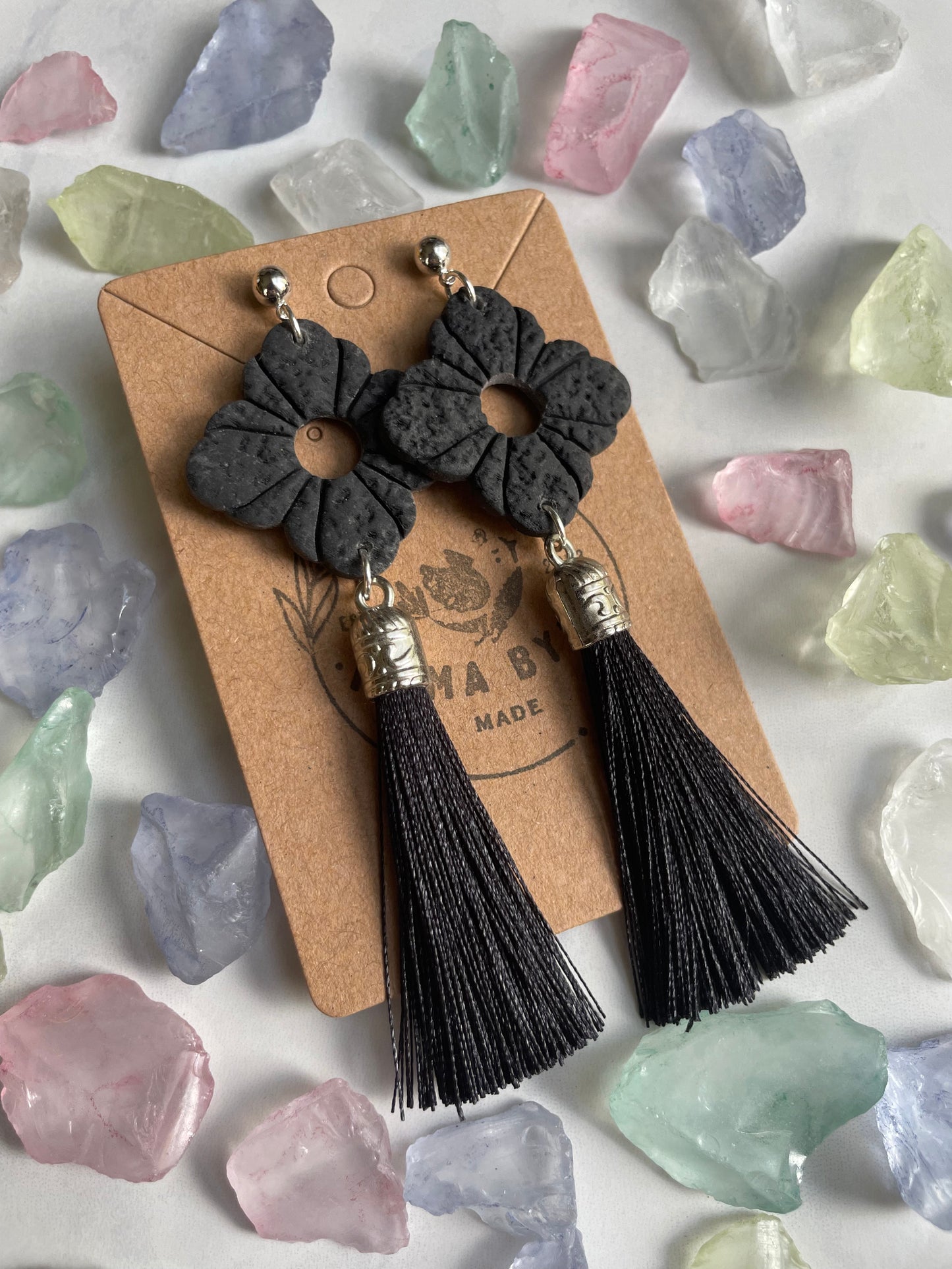 Black Embossed Dangle on Silver Ball Post with Tassel