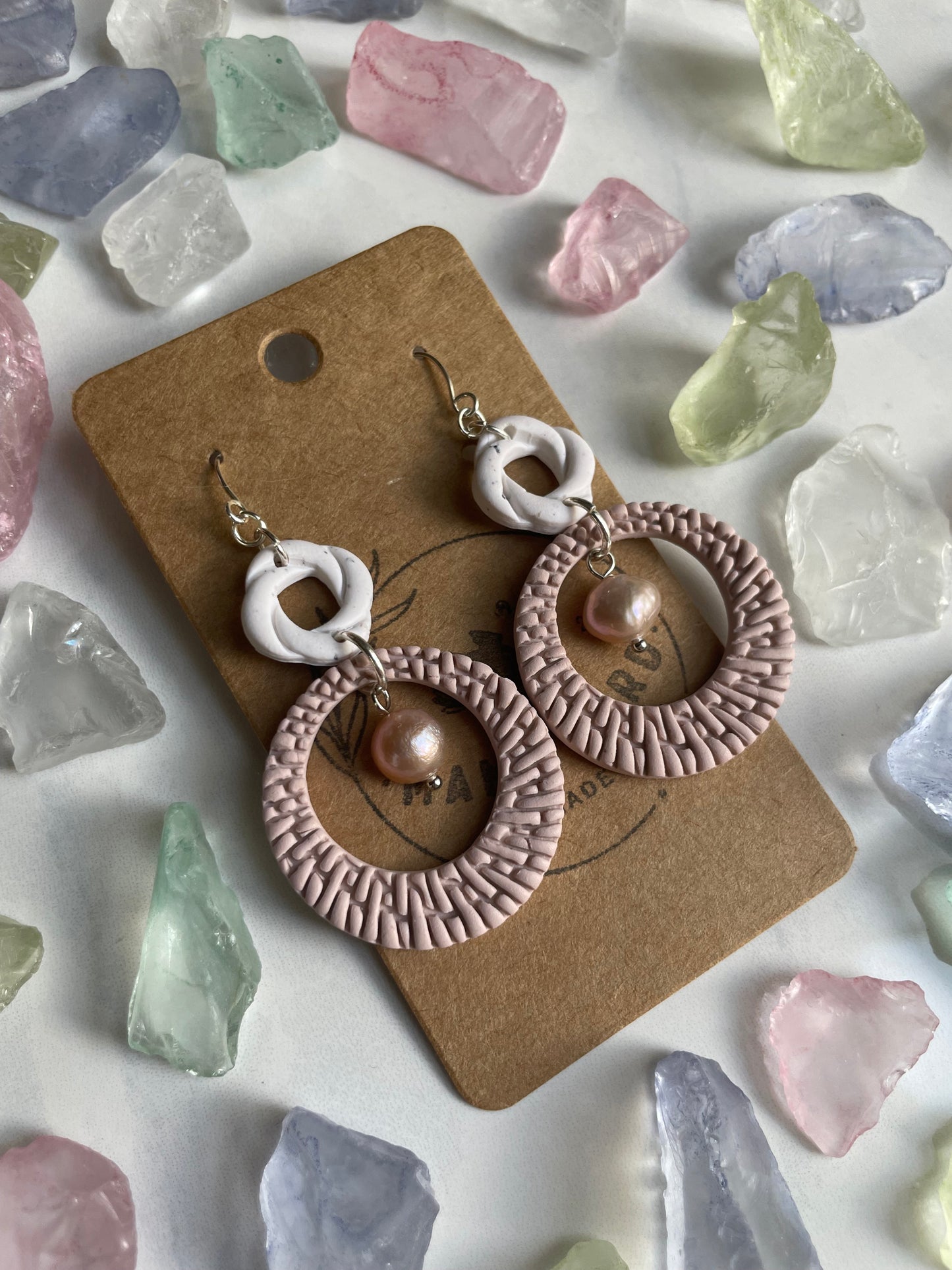 White and Tan Rattan Dangles with Freshwater Pearl