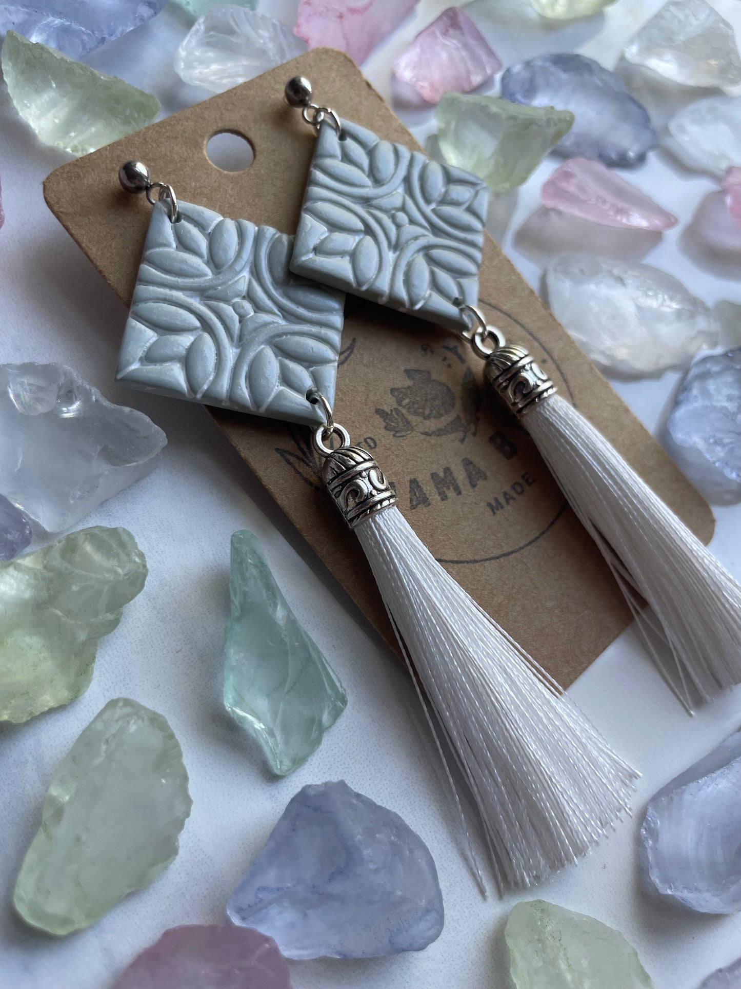 Green Tile Dangle on Silver Post with Tassel