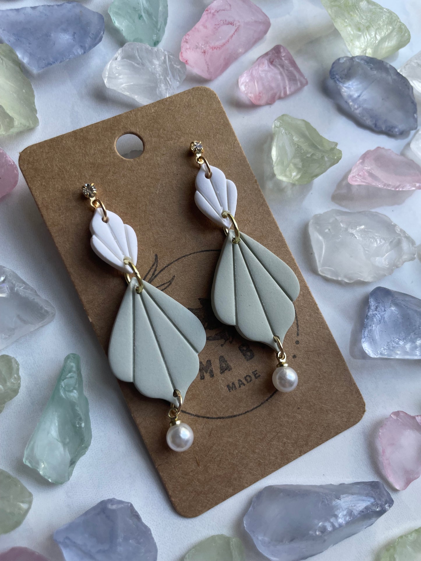 Green and White Shell Dangle with Pearl