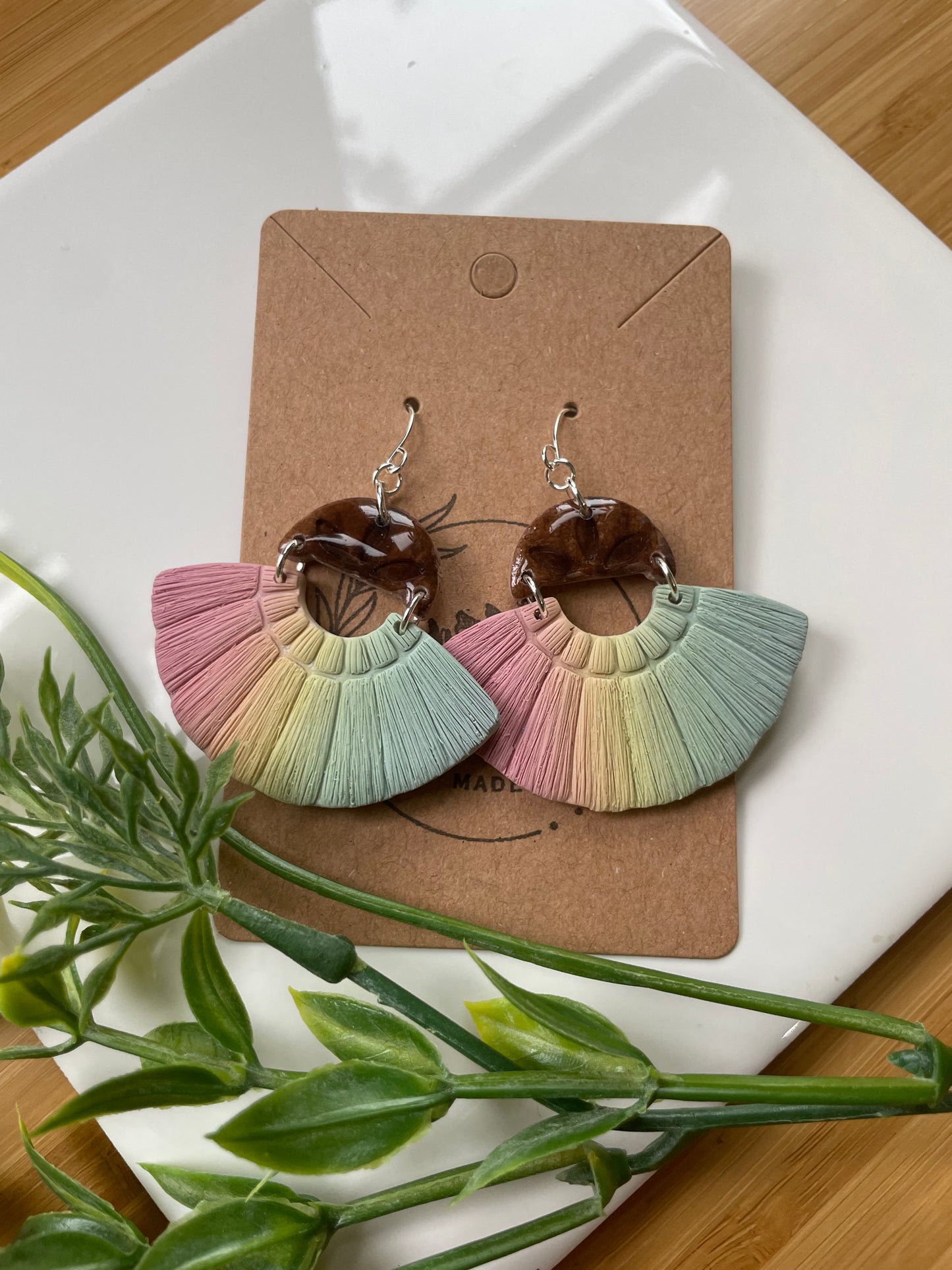Neutral-ish Rainbow Macramé on Faux Wood Dangle