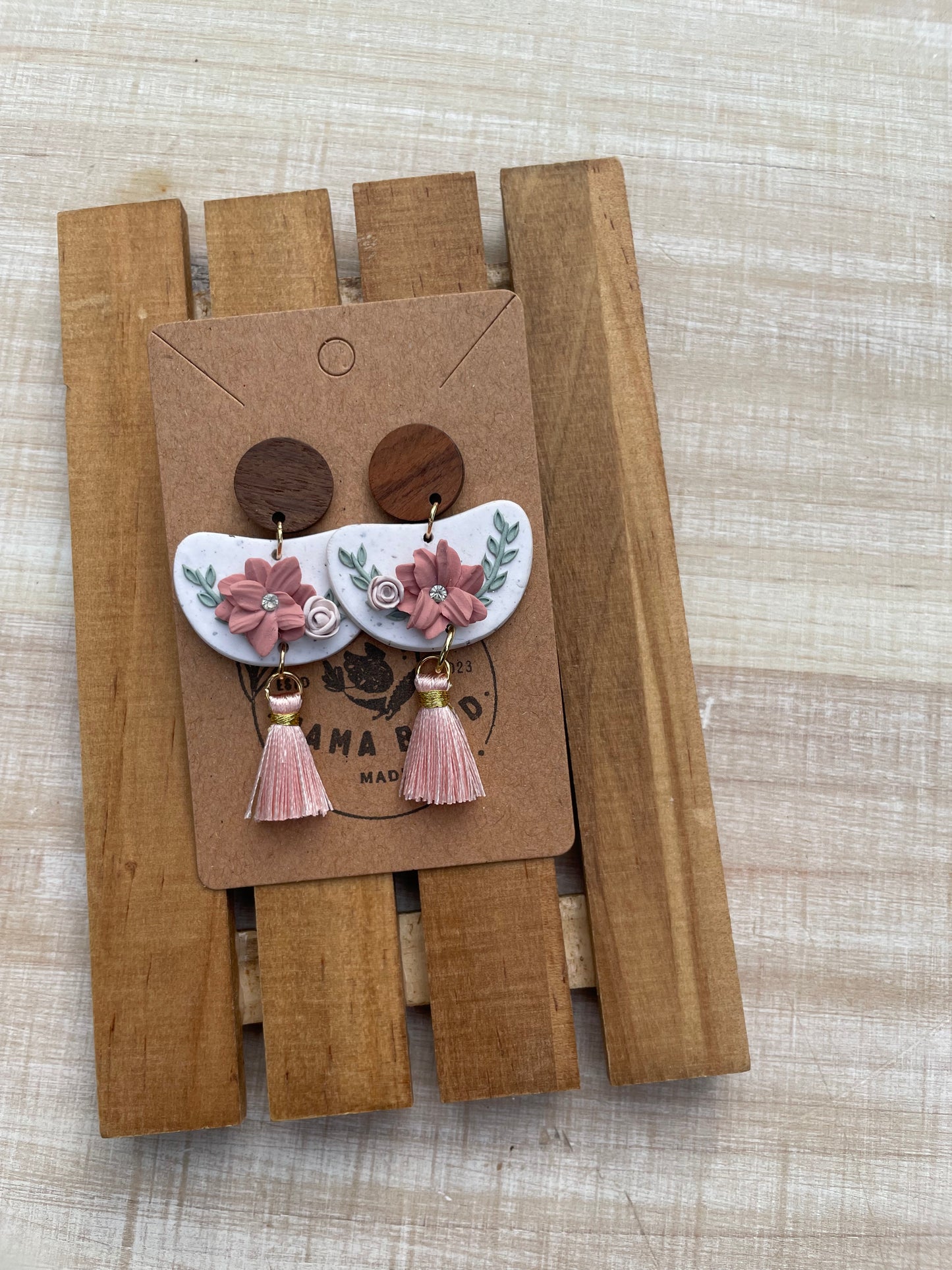 Pink Floral Dangle on Wood Post with Tassel