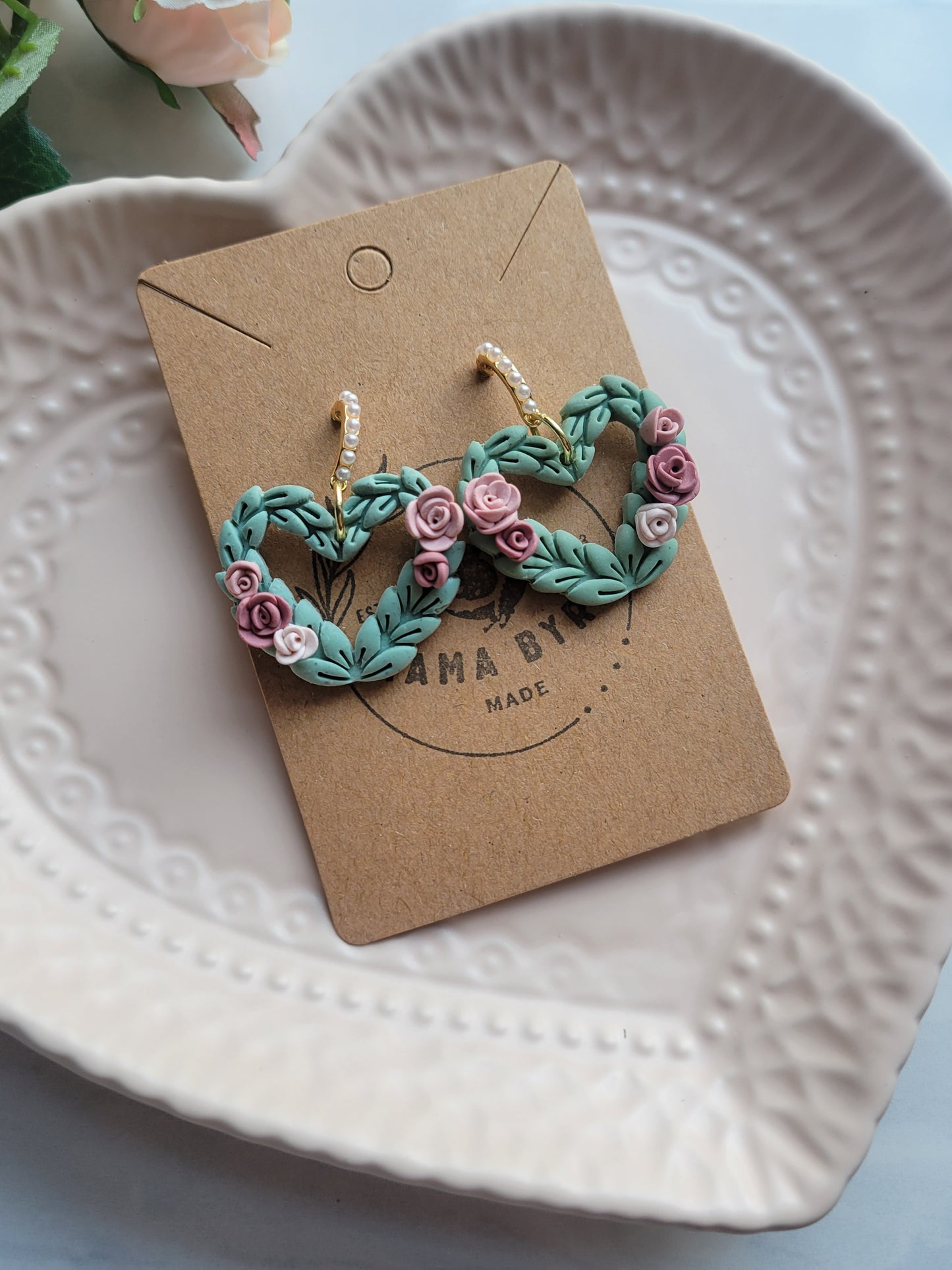 Floral Heart Wreath Dangles on Gold Pearl Stud