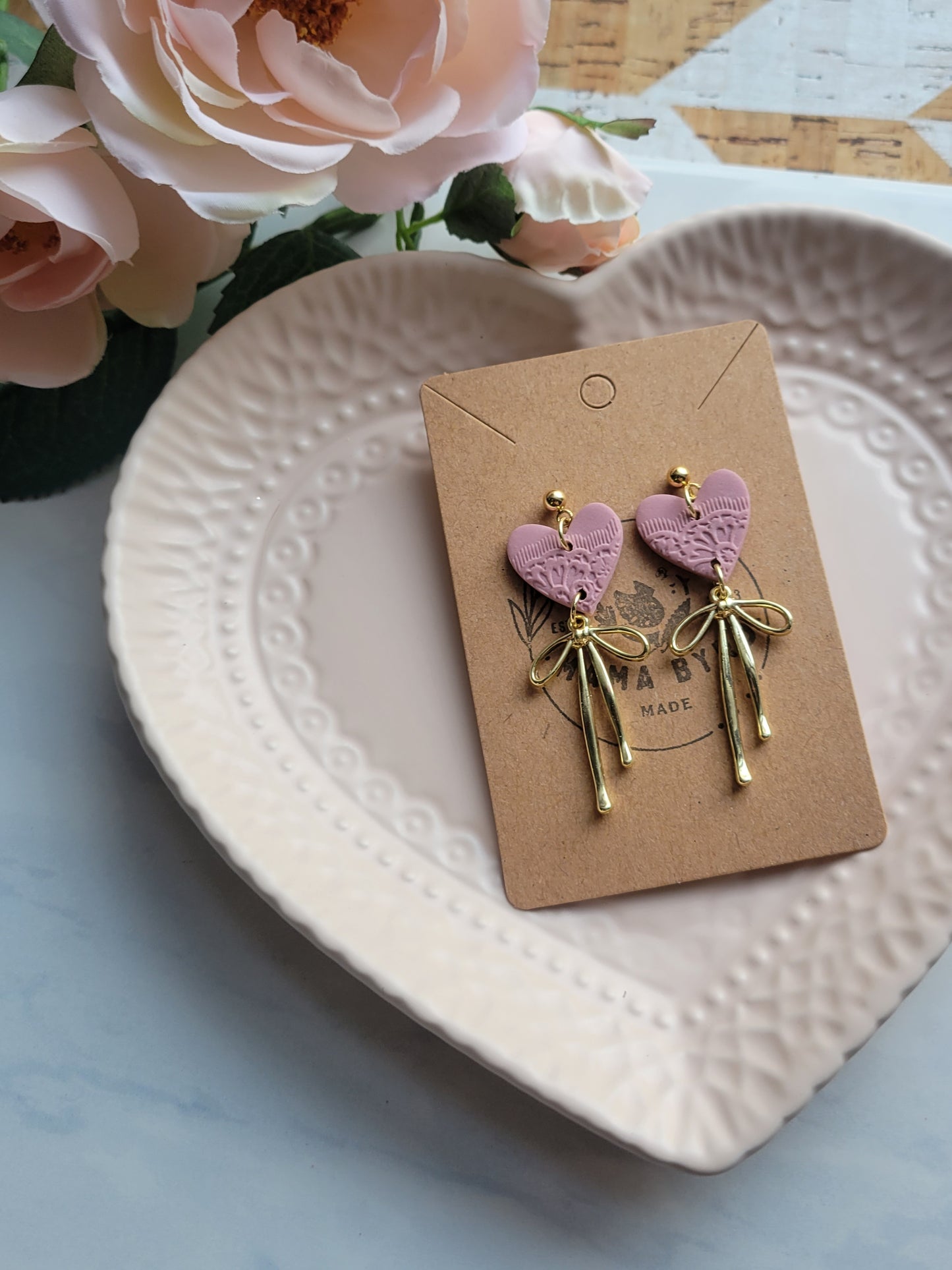 Pink Lace Heart Dangles w/Bow