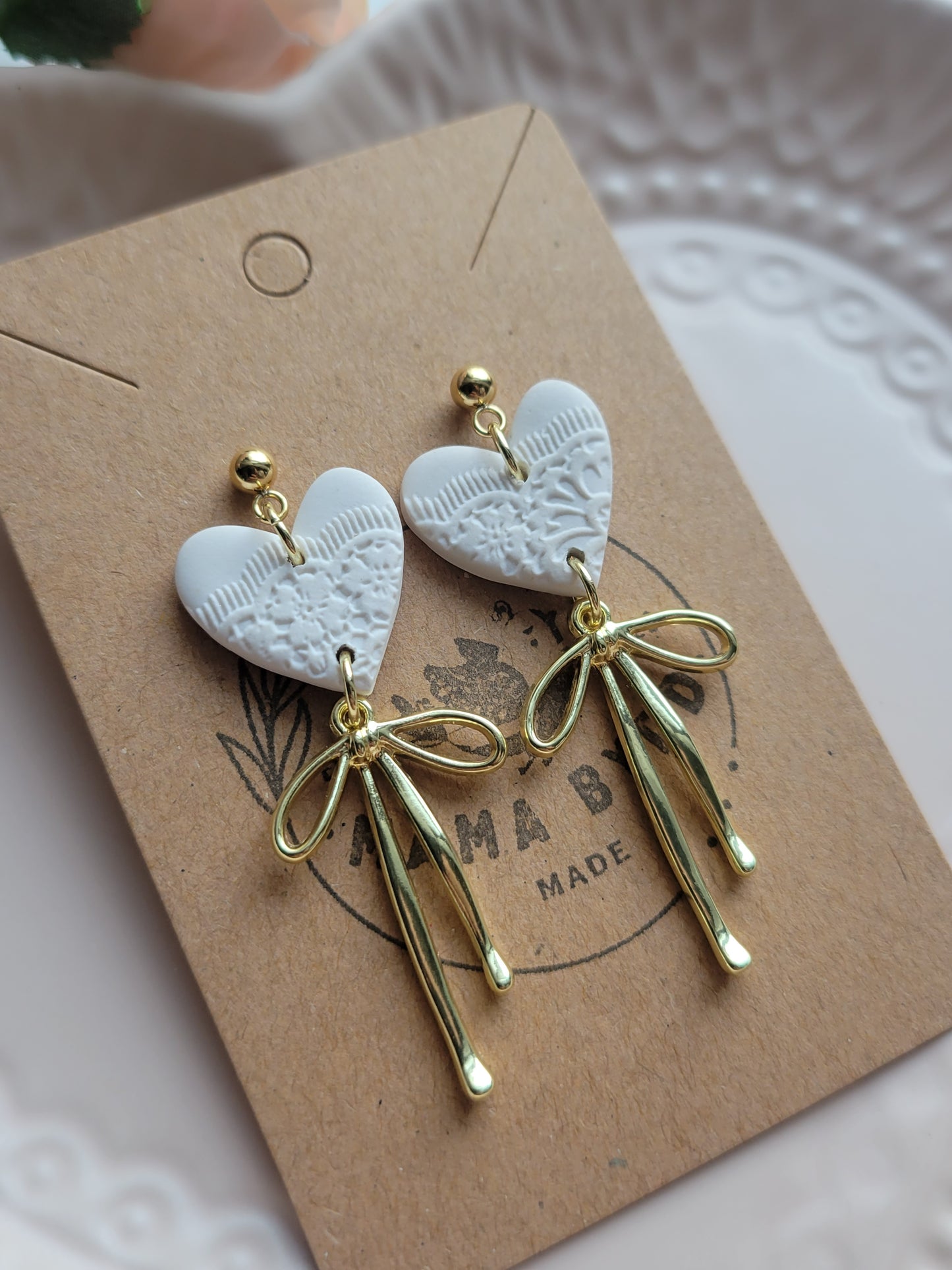 White Lace Heart Dangles w/Bow