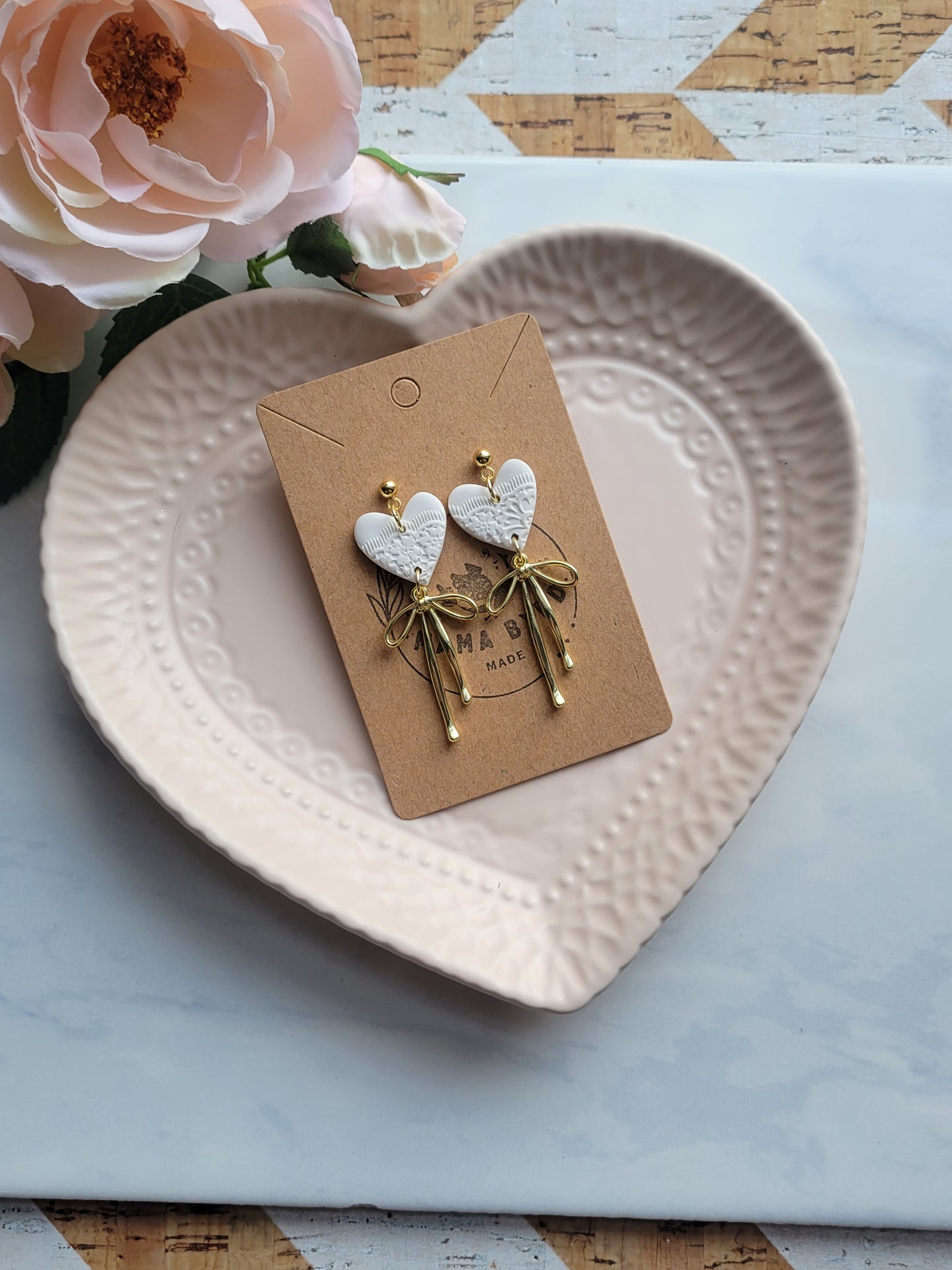 White Lace Heart Dangles w/Bow