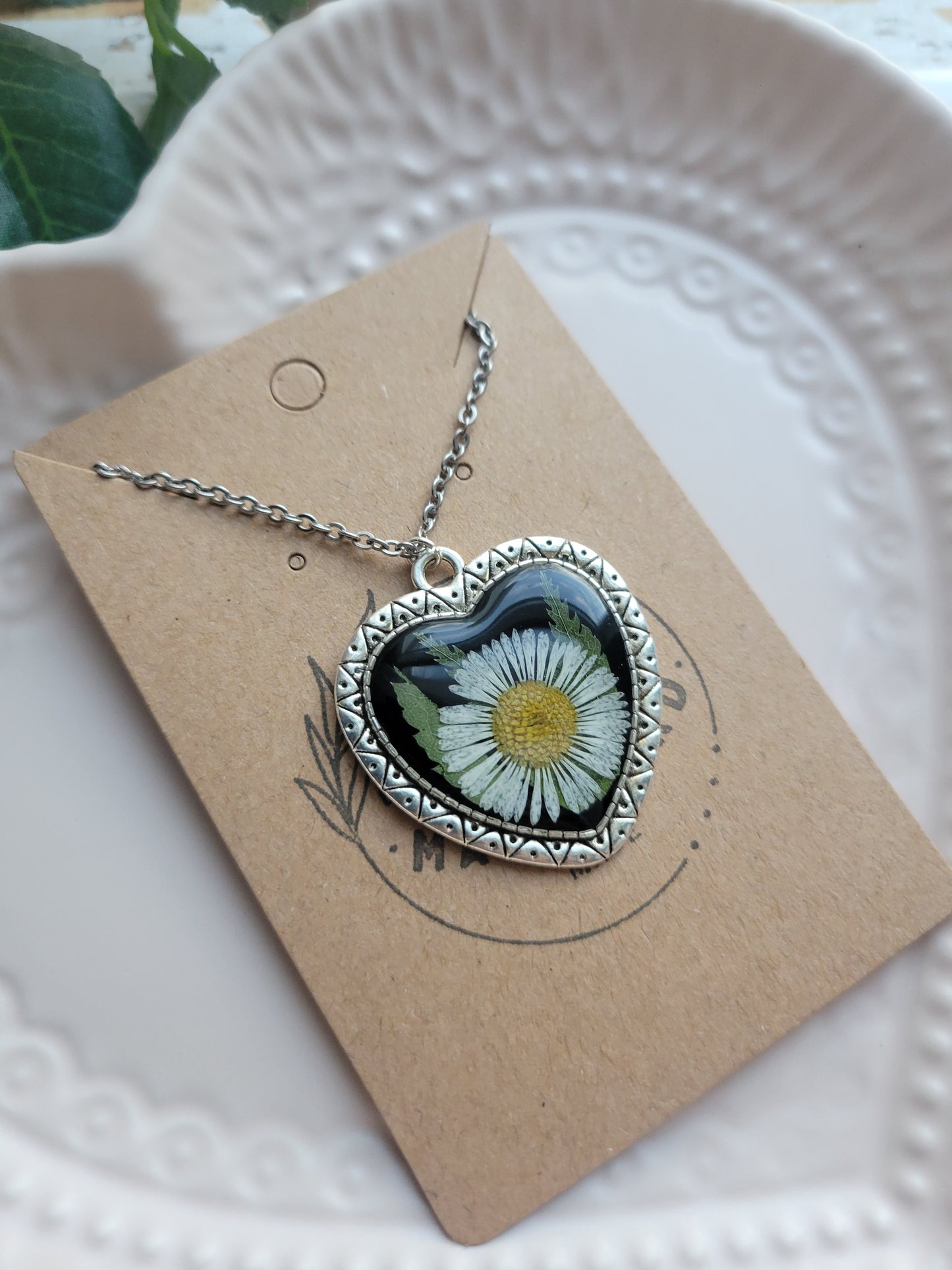 Silver Heart Pendant w/Pressed Flower Necklace