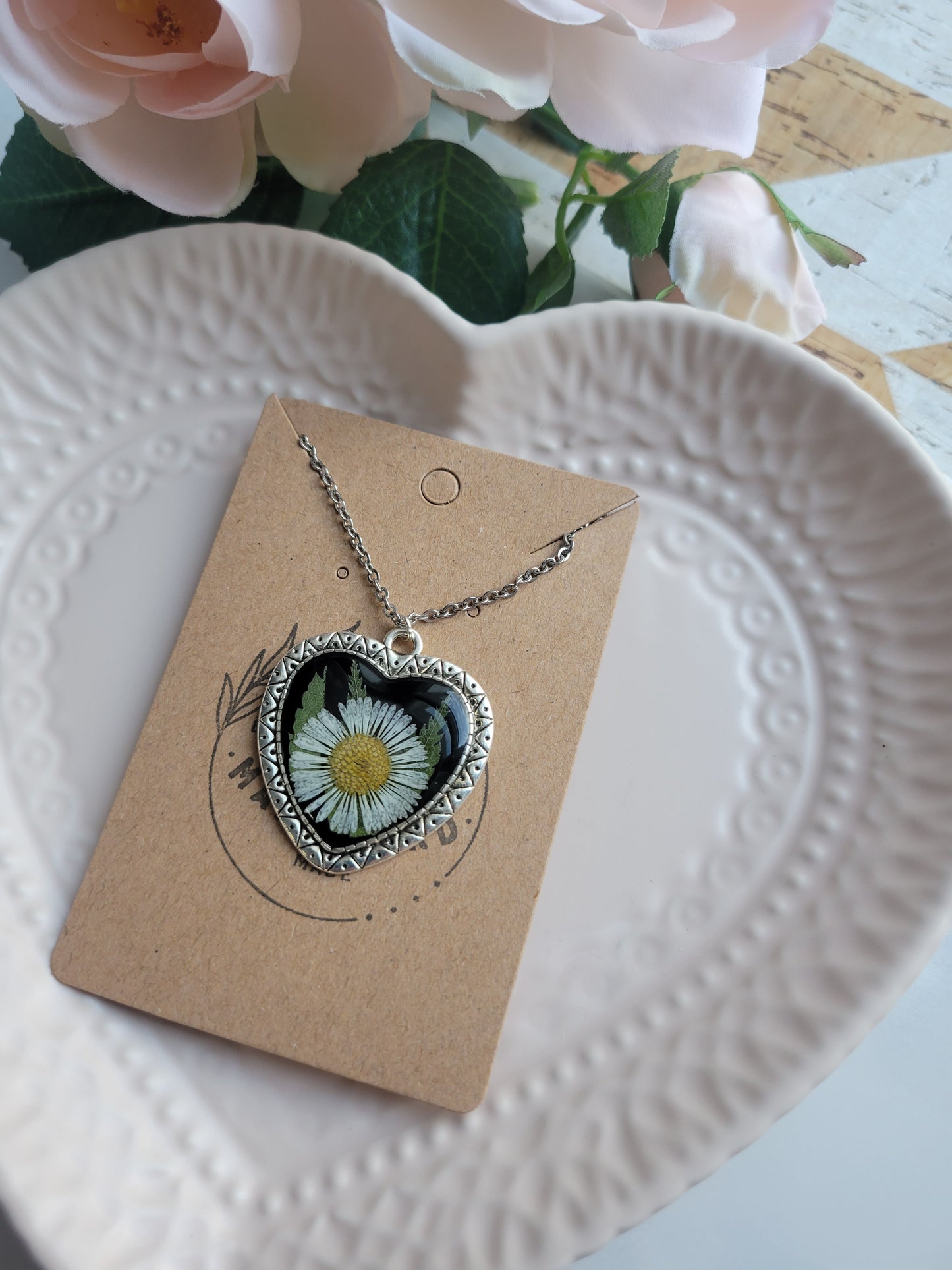 Silver Heart Pendant w/Pressed Flower Necklace