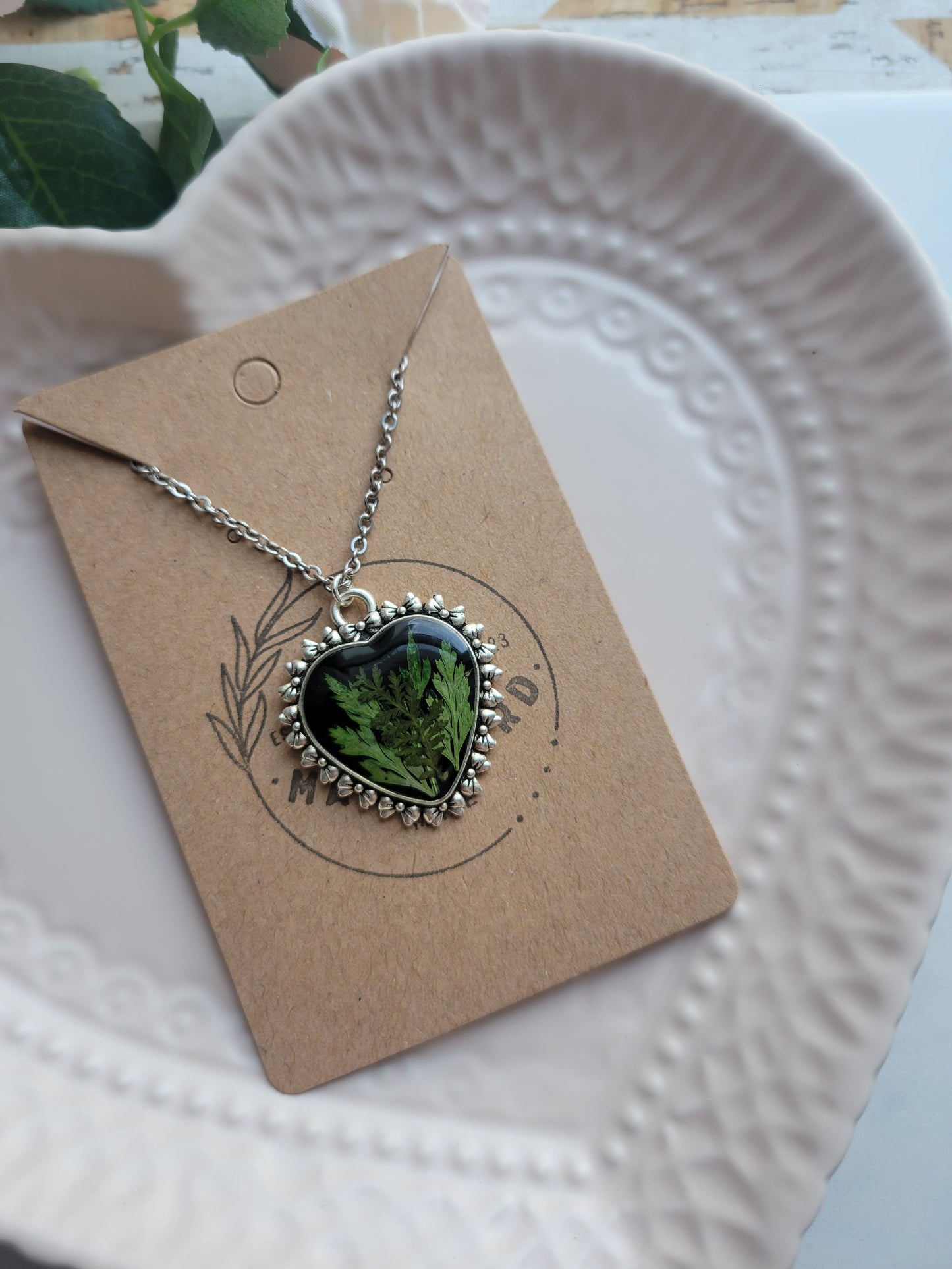 Silver Heart Pendant w/ Pressed Fern Necklace