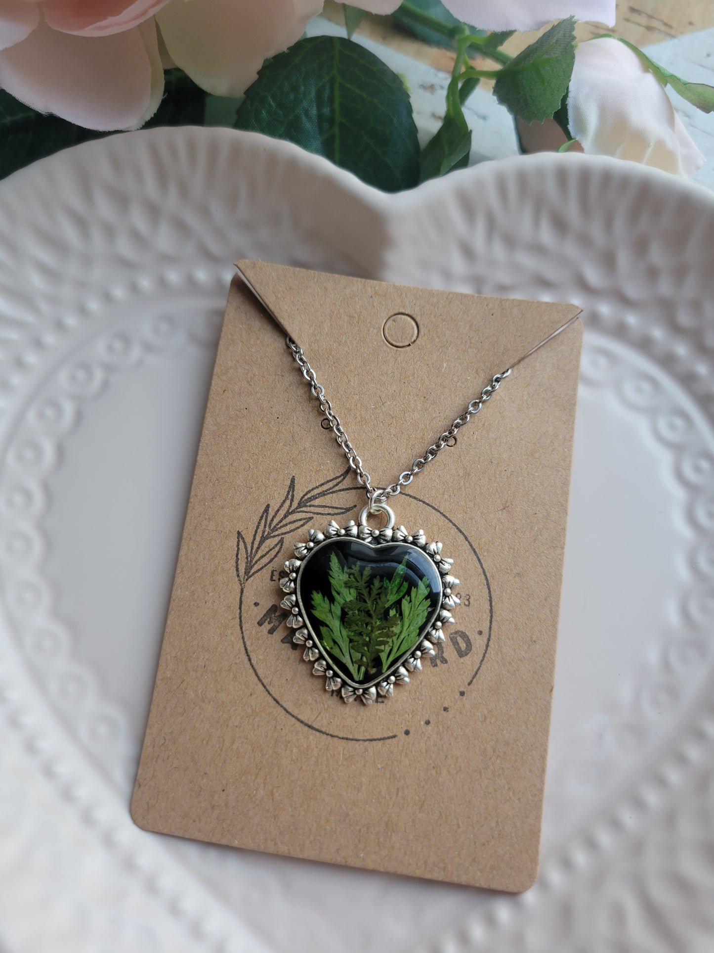 Silver Heart Pendant w/ Pressed Fern Necklace