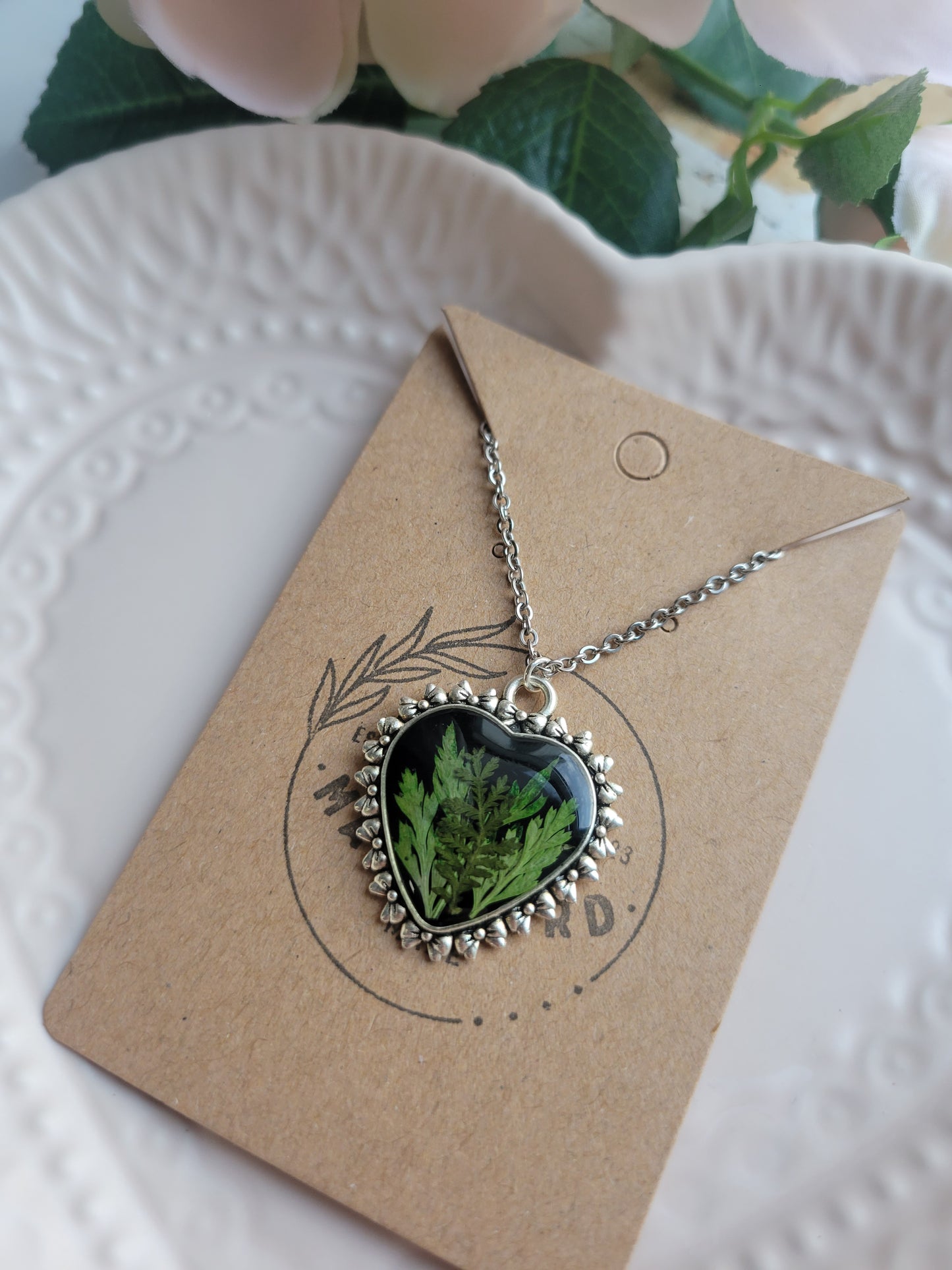 Silver Heart Pendant w/ Pressed Fern Necklace