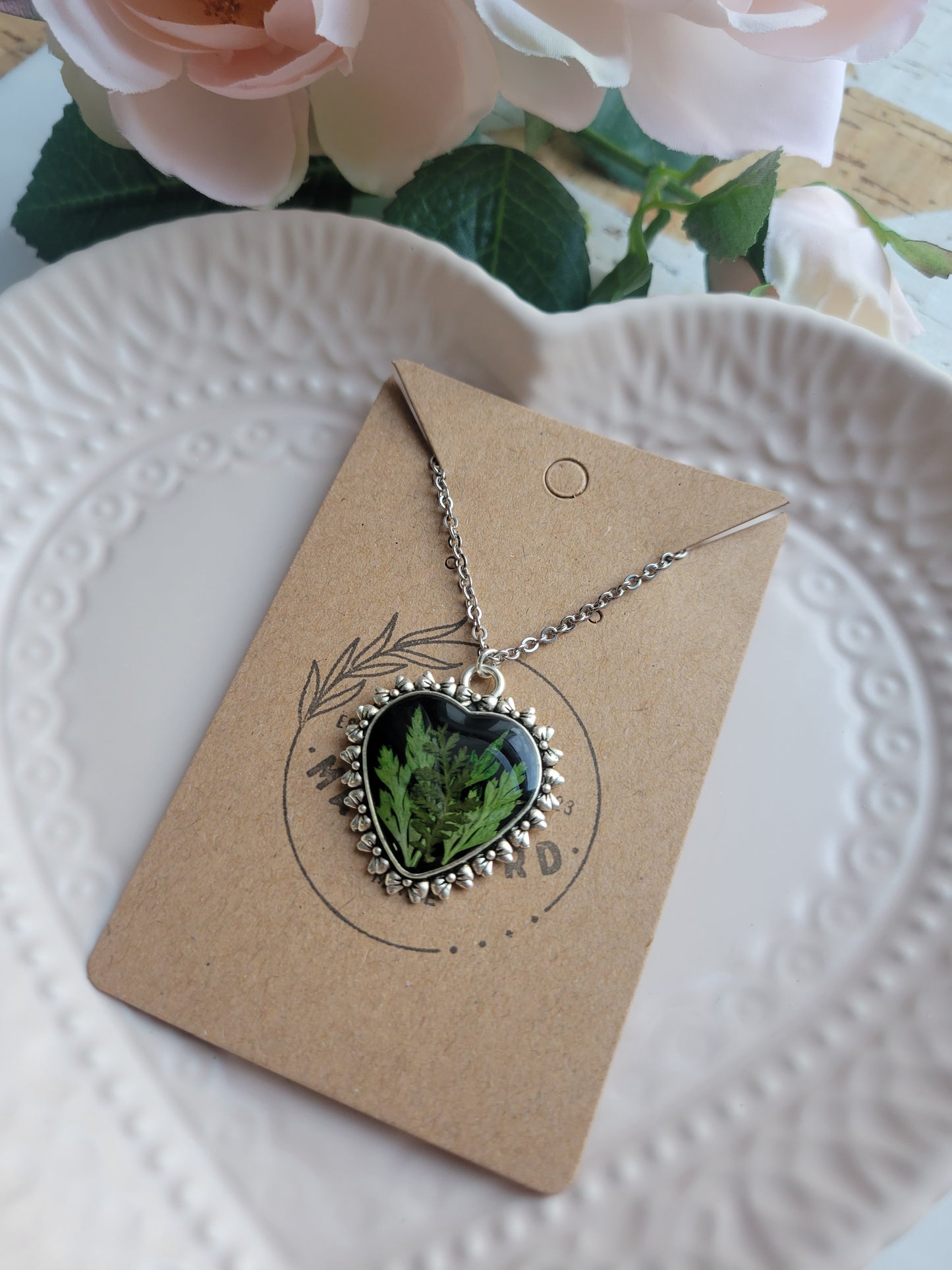 Silver Heart Pendant w/ Pressed Fern Necklace