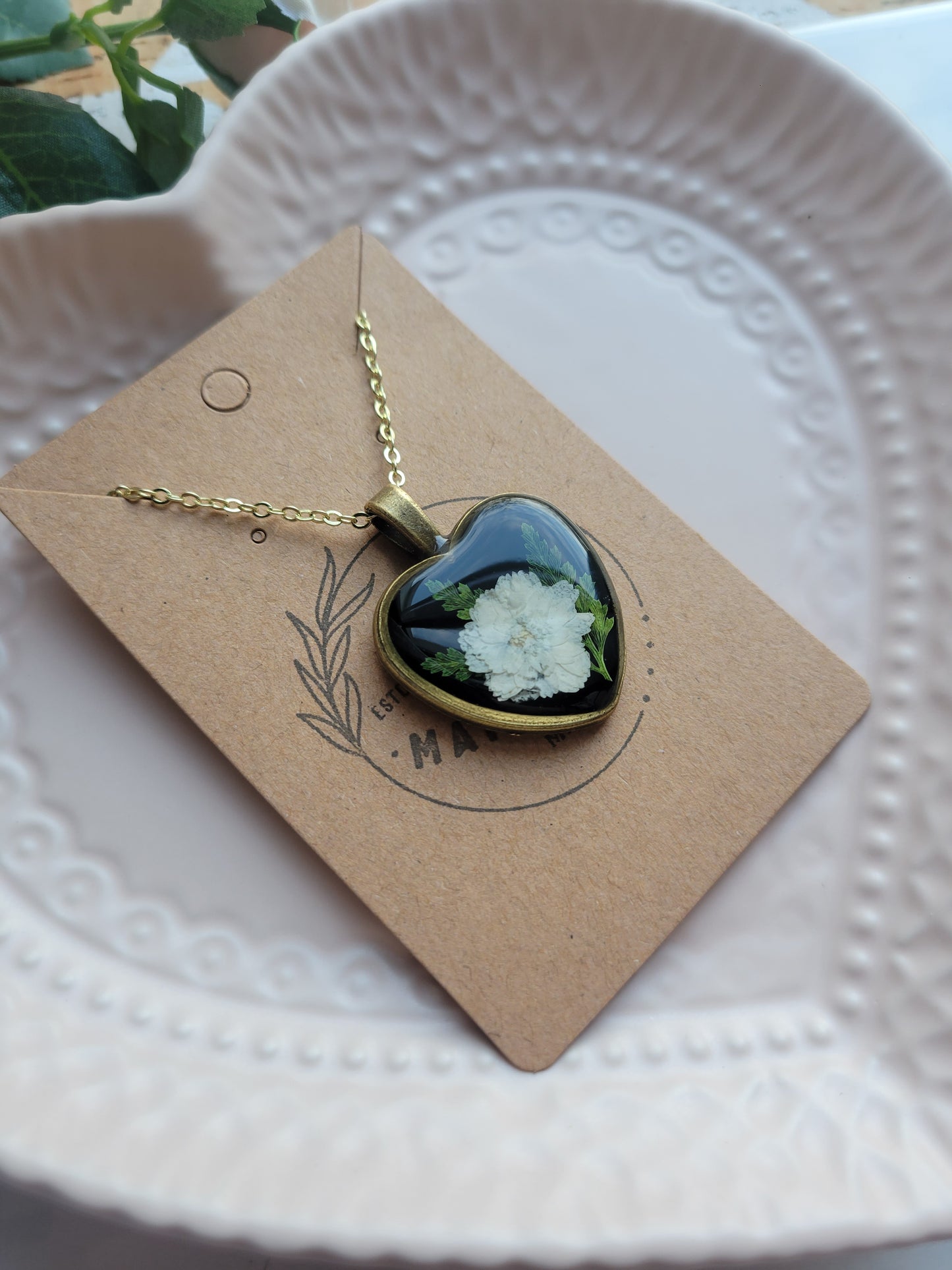Gold Heart Pendant w/Pressed Flower