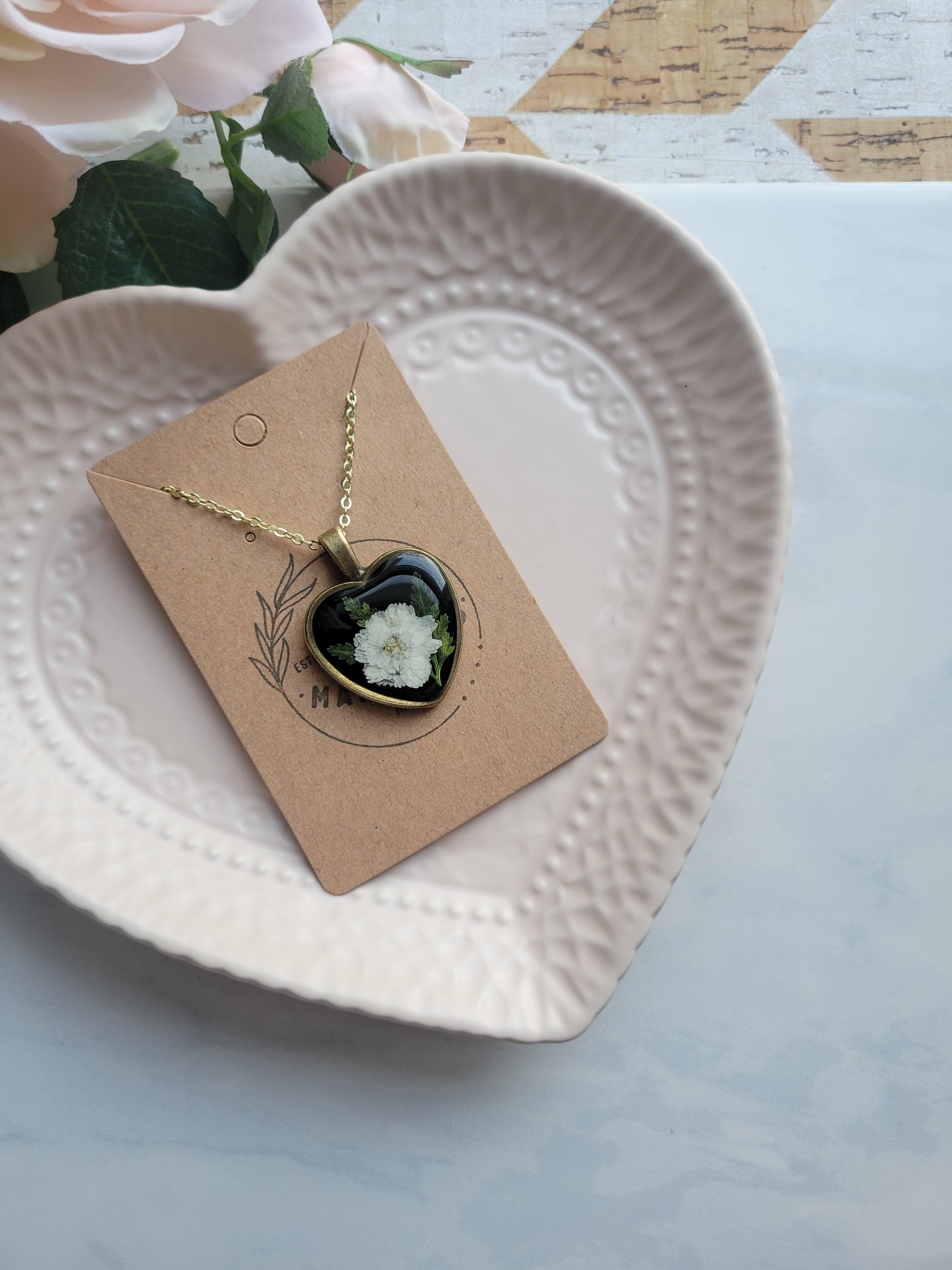 Gold Heart Pendant w/Pressed Flower