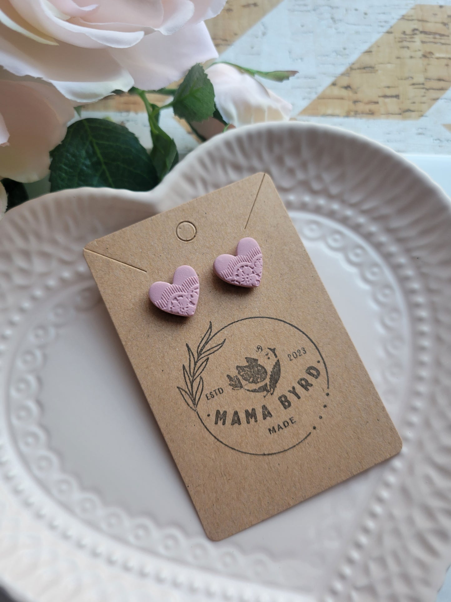 Pink Lace Heart Studs