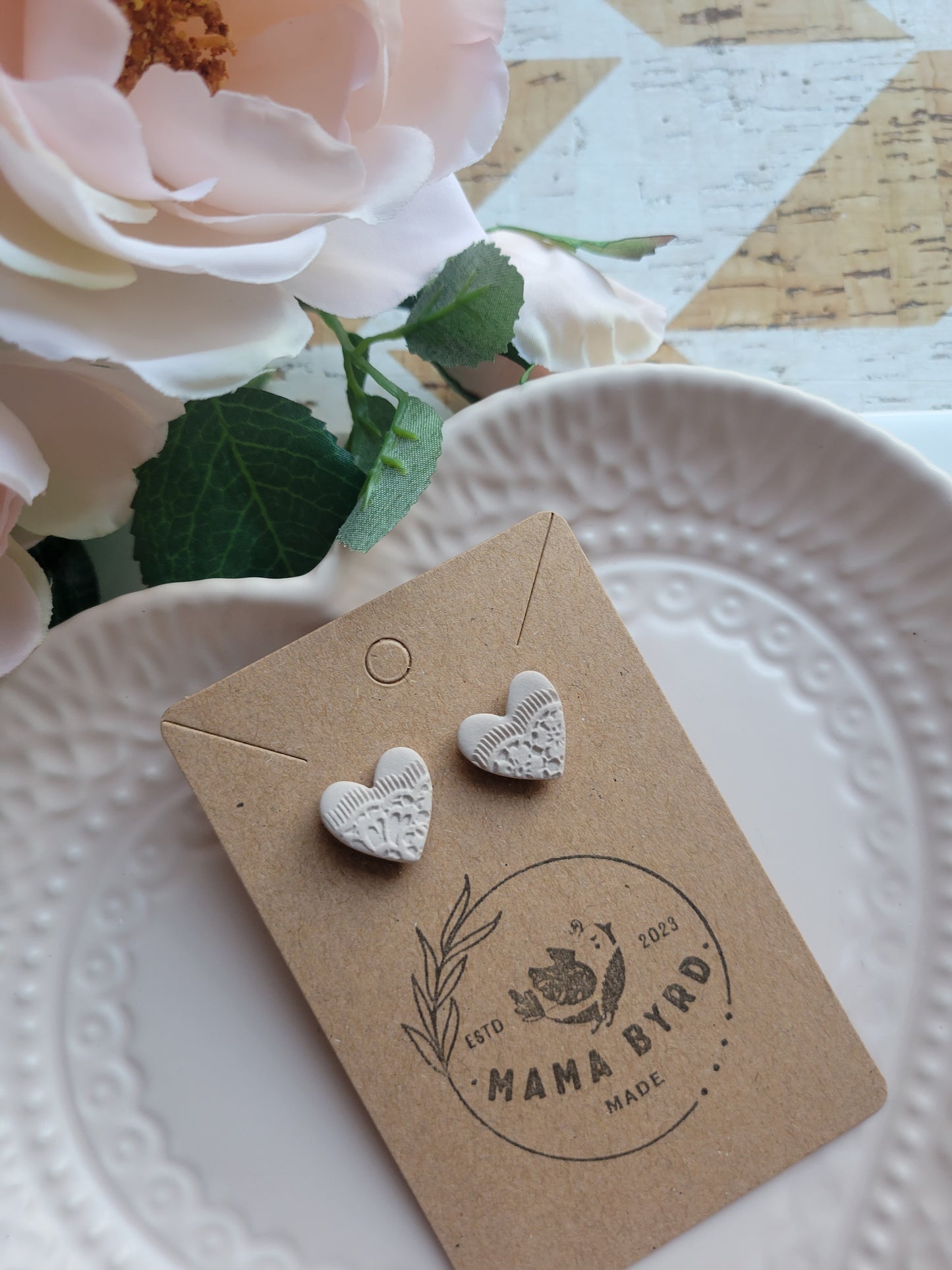 Tan Lace Heart Studs