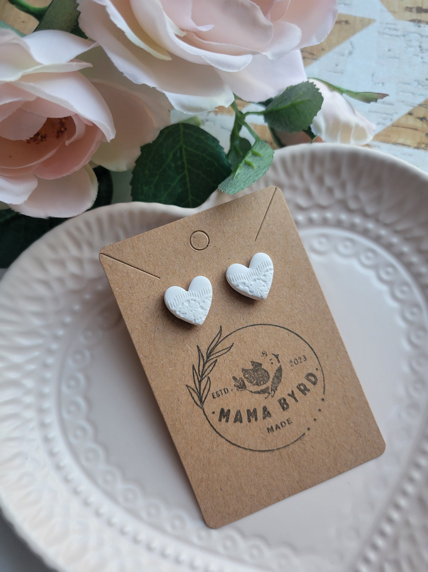 White Lace Heart Studs