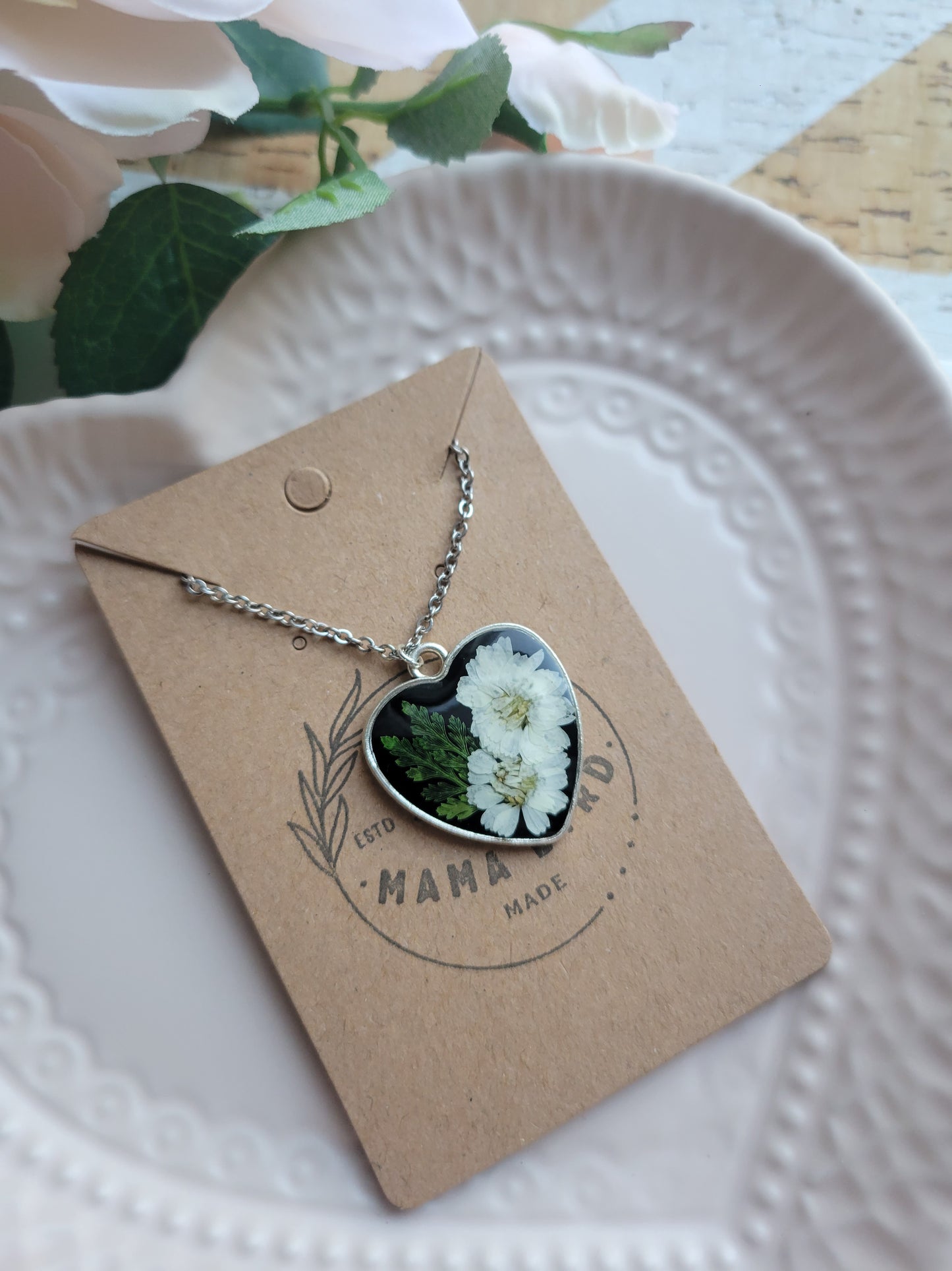 Silver Heart Pendant w/Pressed Flowers Necklace