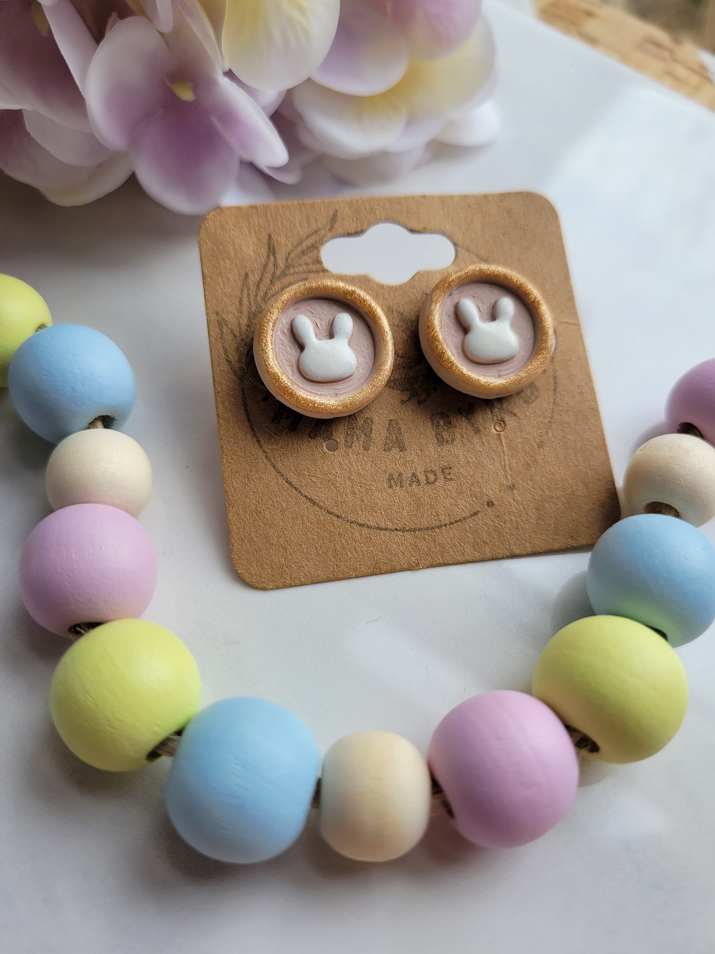 Tan & Gold Debossed Bunny Stud