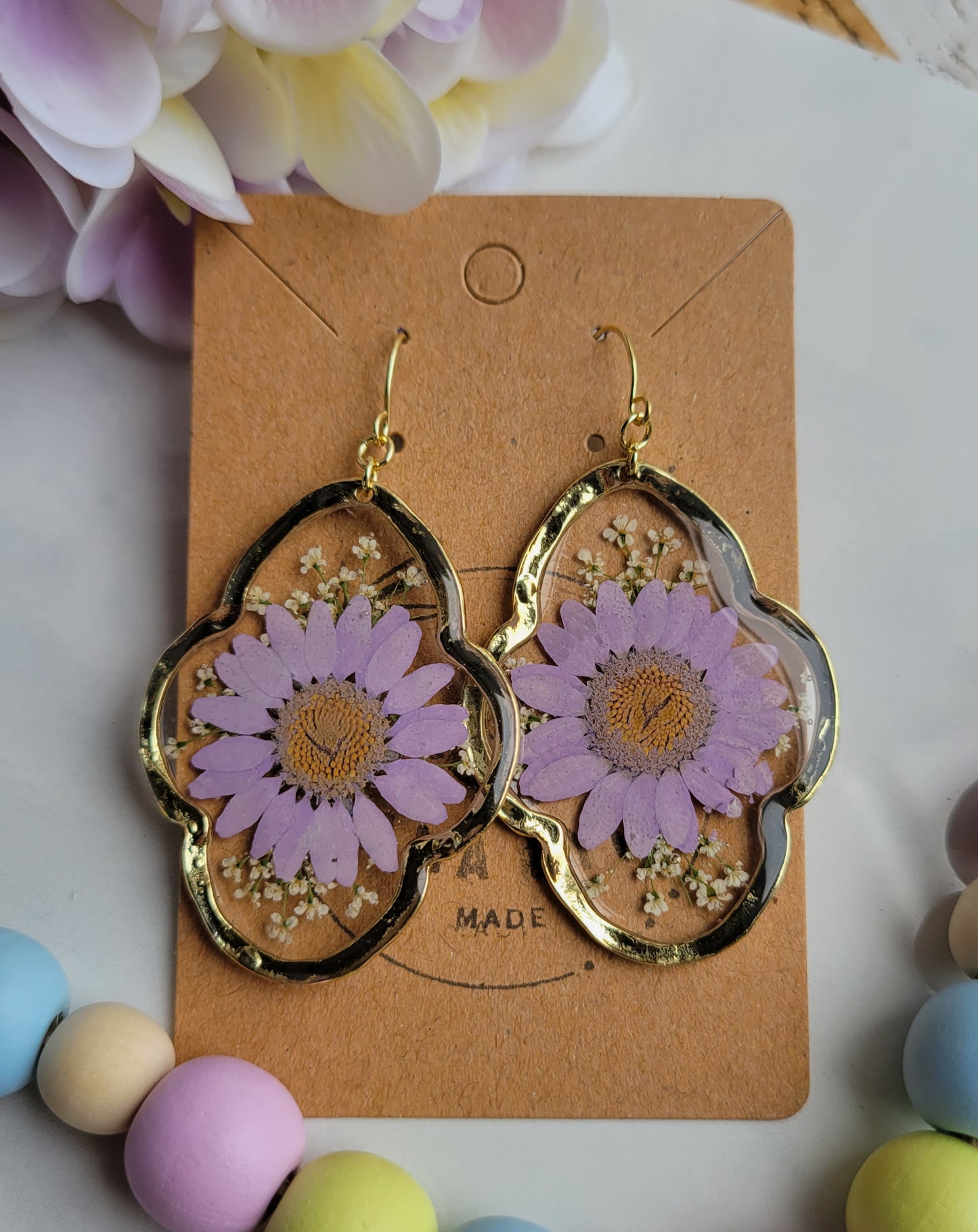 Pressed Purple Daisy Dangles