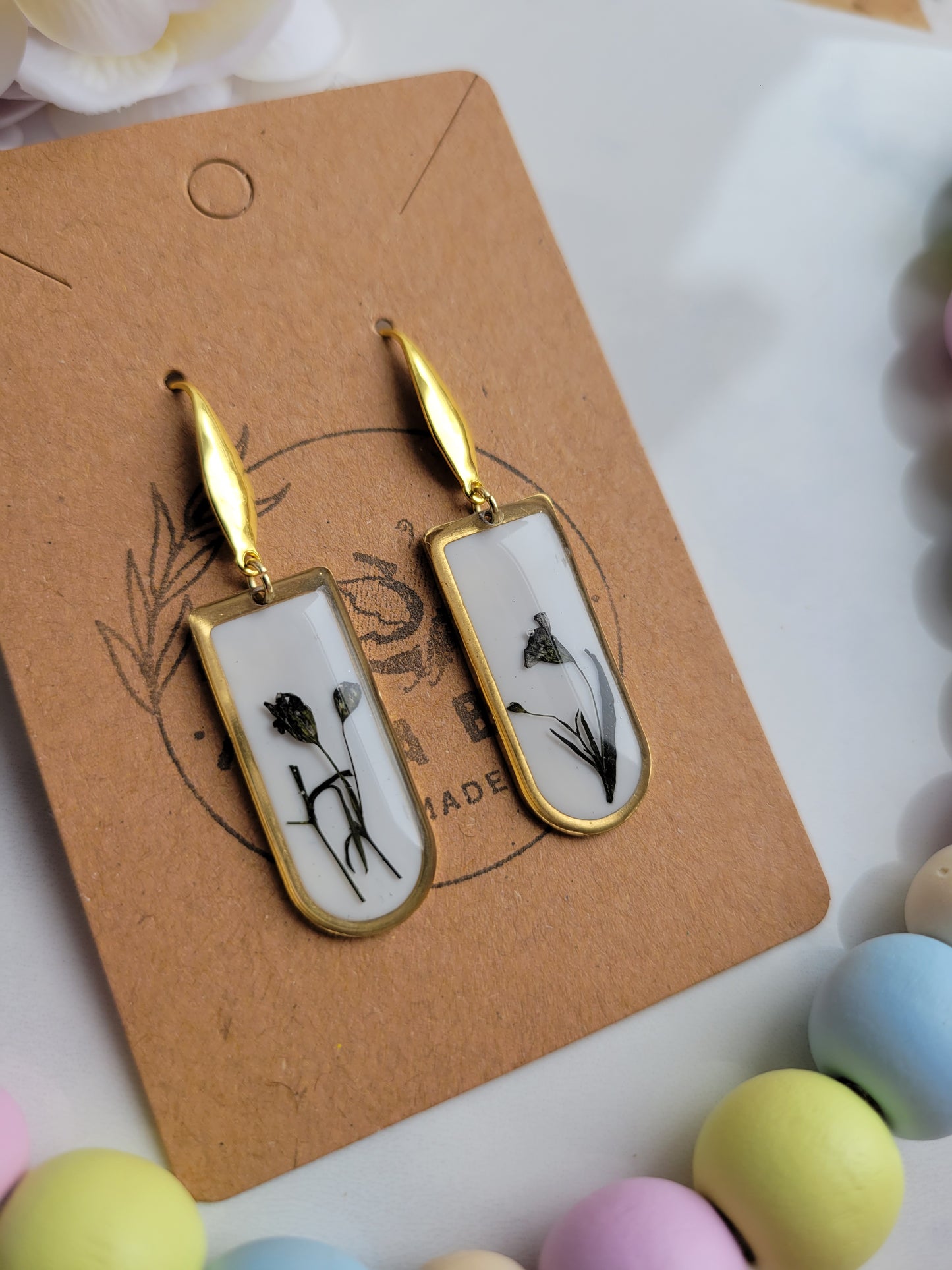 Black & White Pressed Flower Dangles
