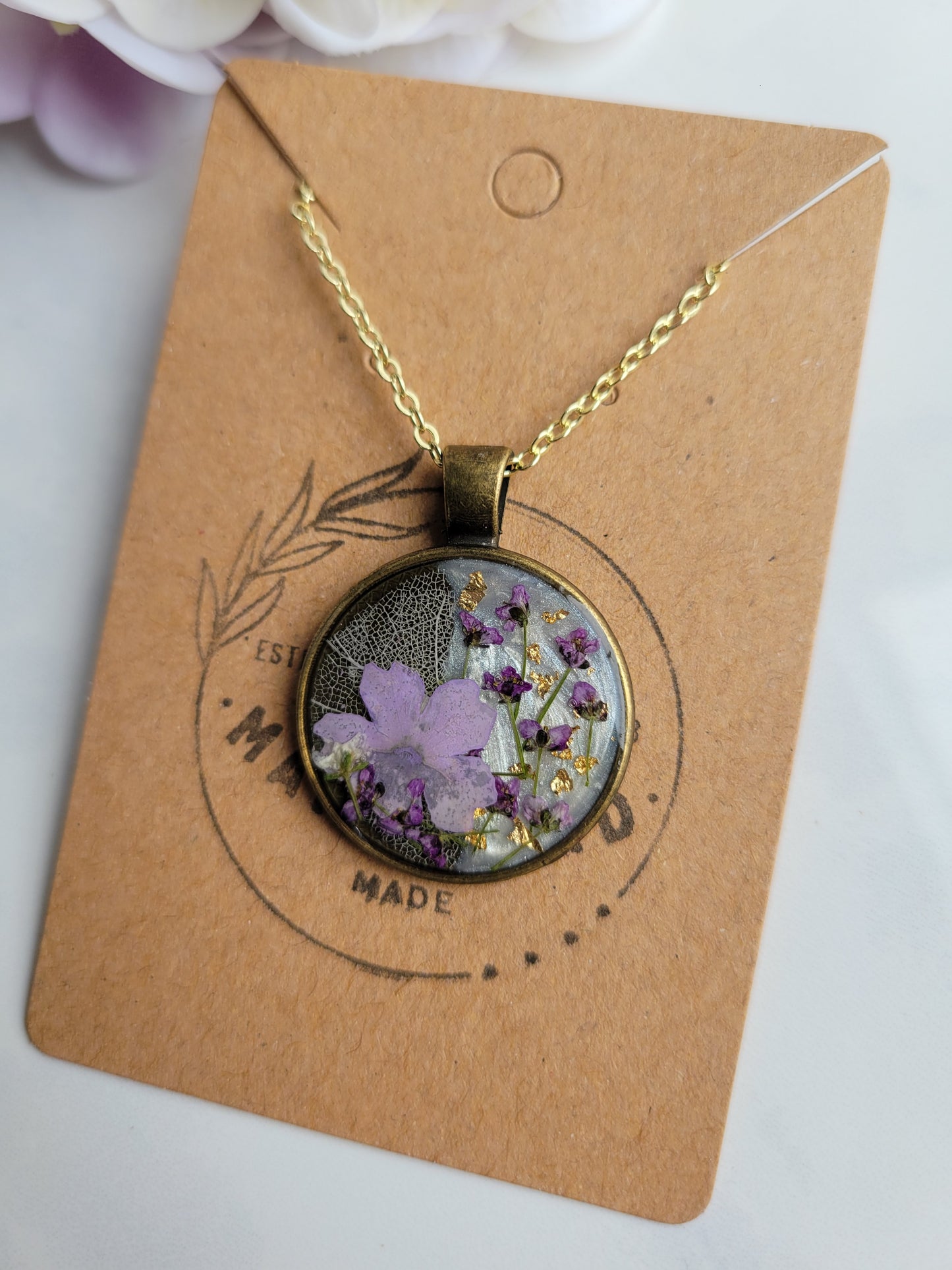 Purple Pressed Floral Necklace