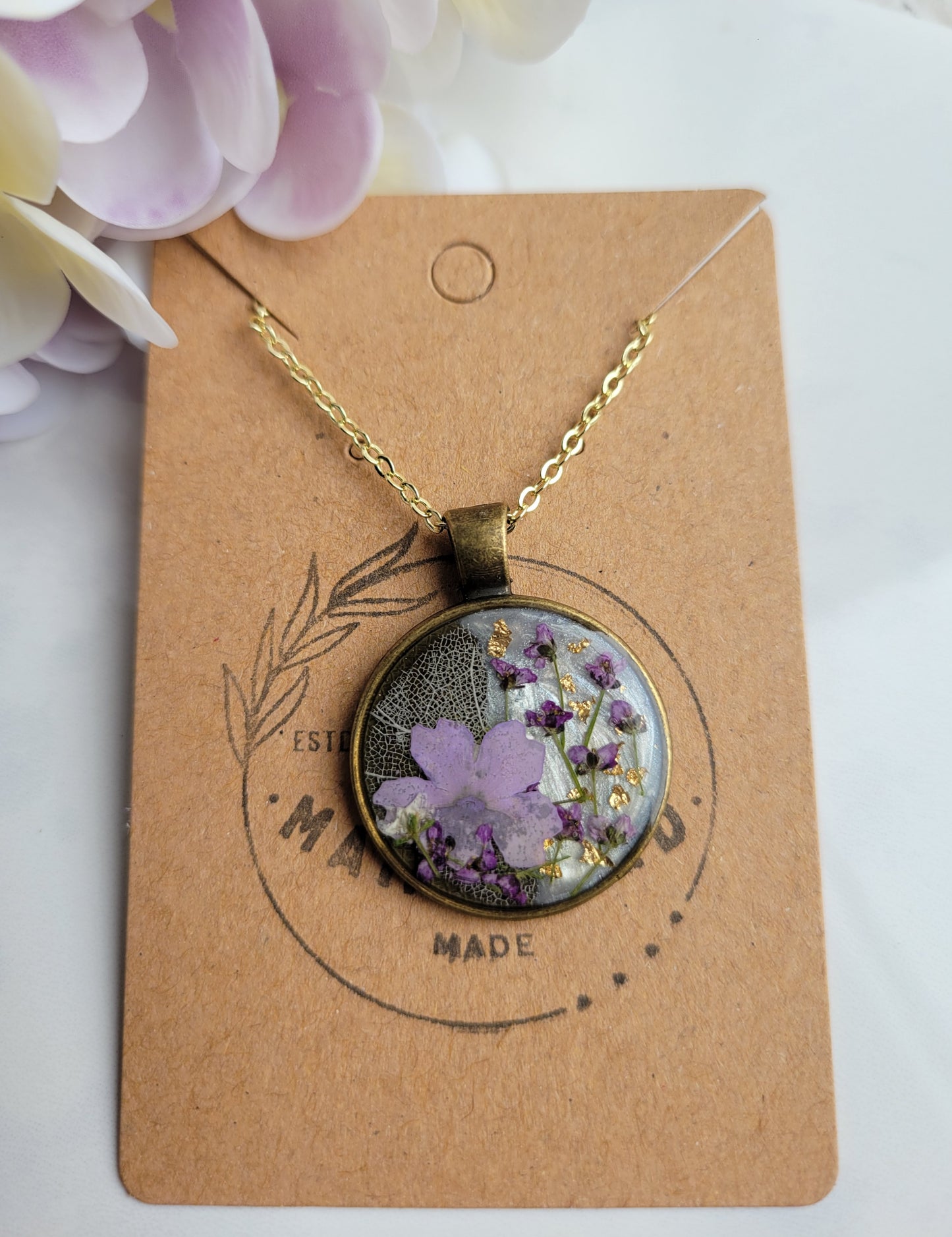 Purple Pressed Floral Necklace