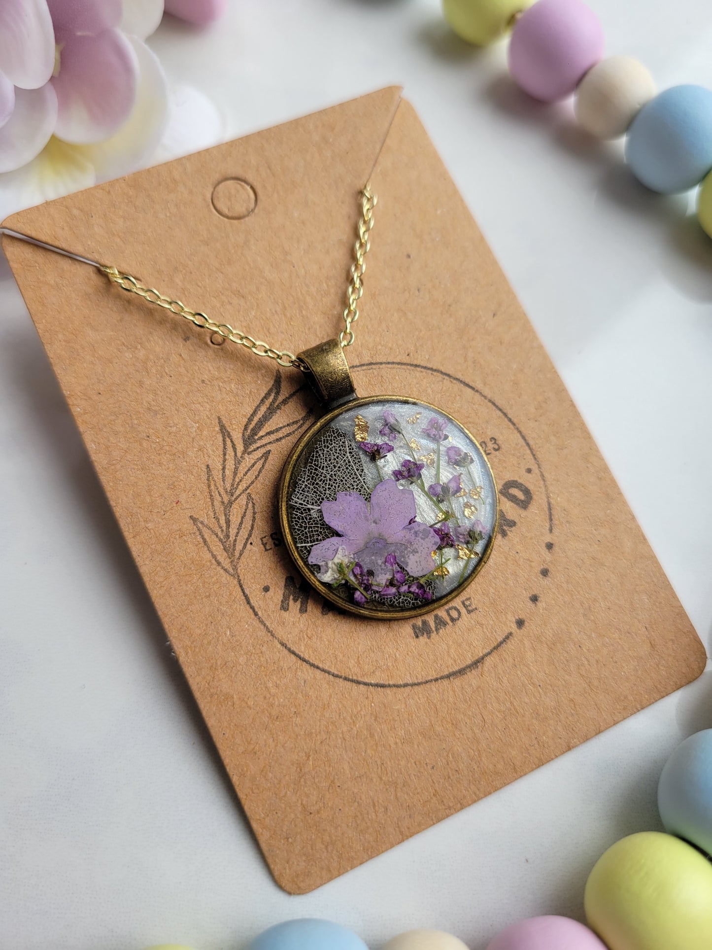 Purple Pressed Floral Necklace