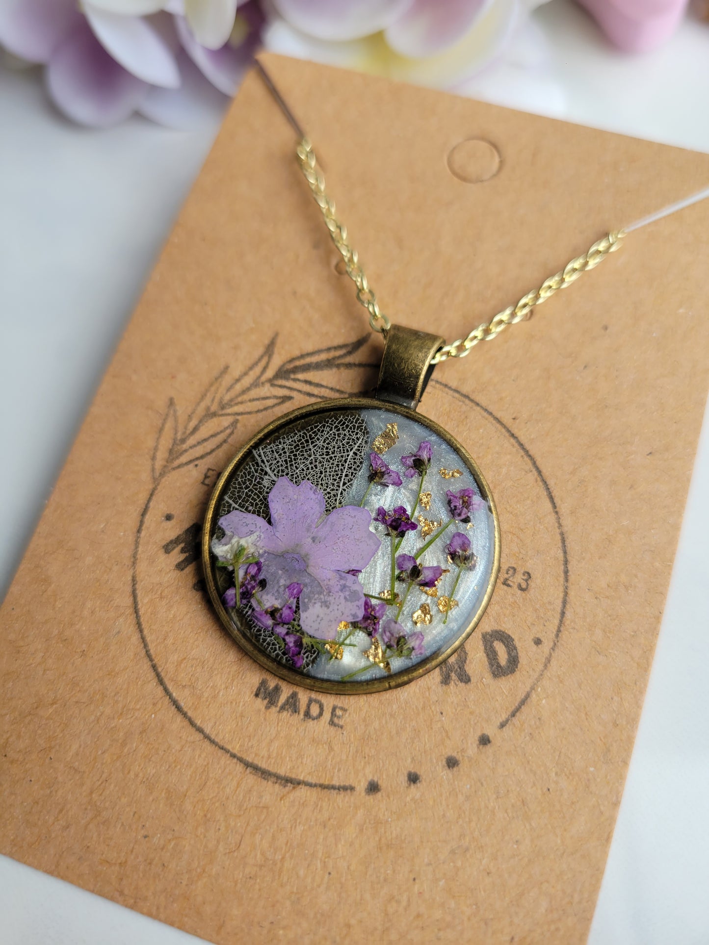 Purple Pressed Floral Necklace