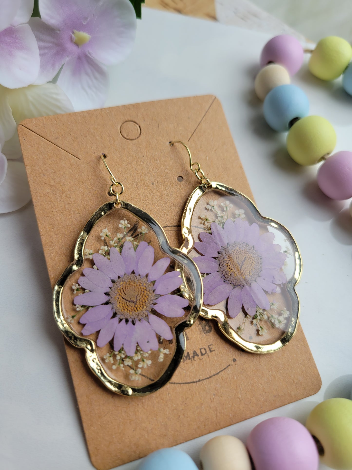 Pressed Purple Daisy Dangles