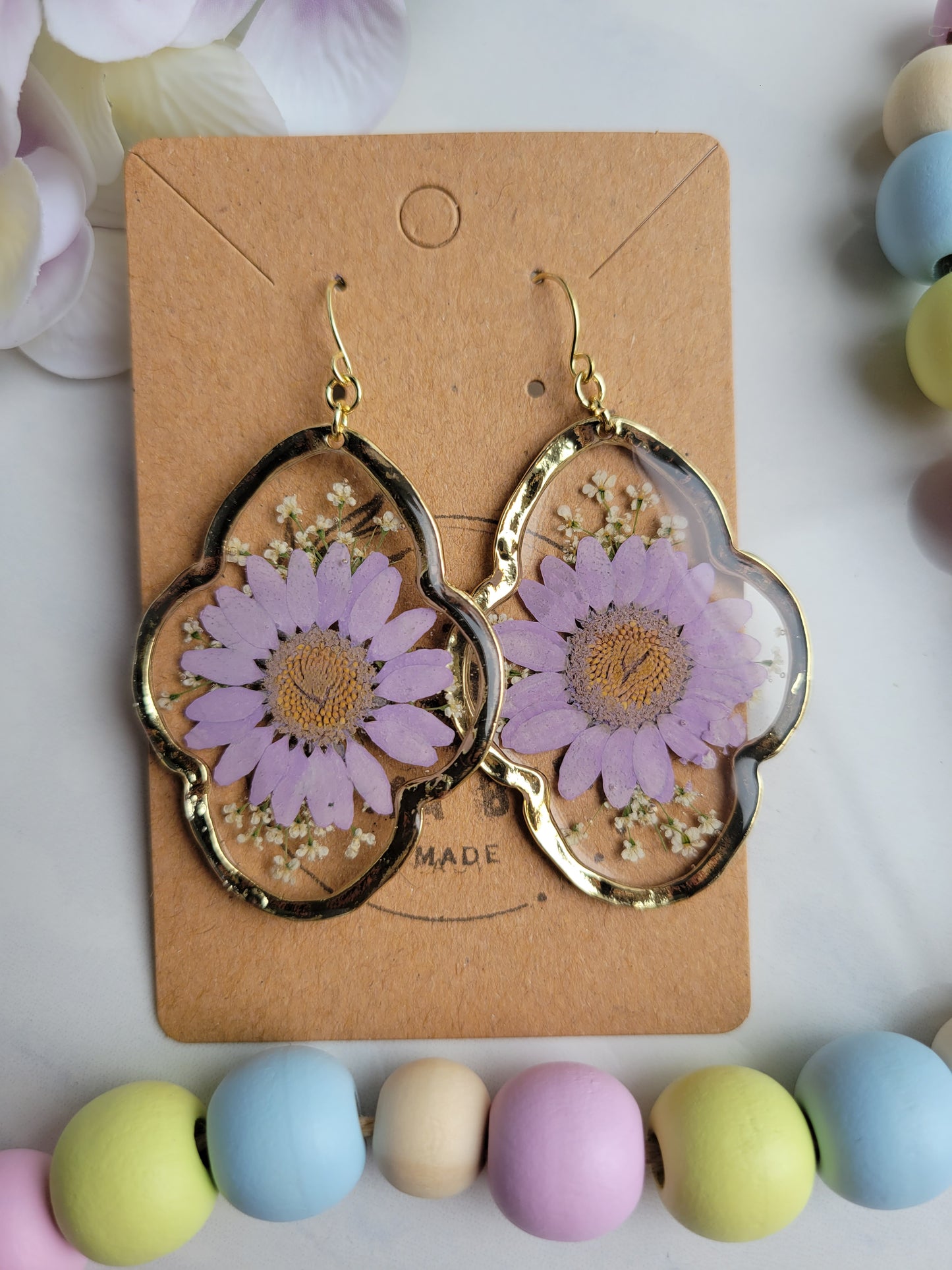 Pressed Purple Daisy Dangles