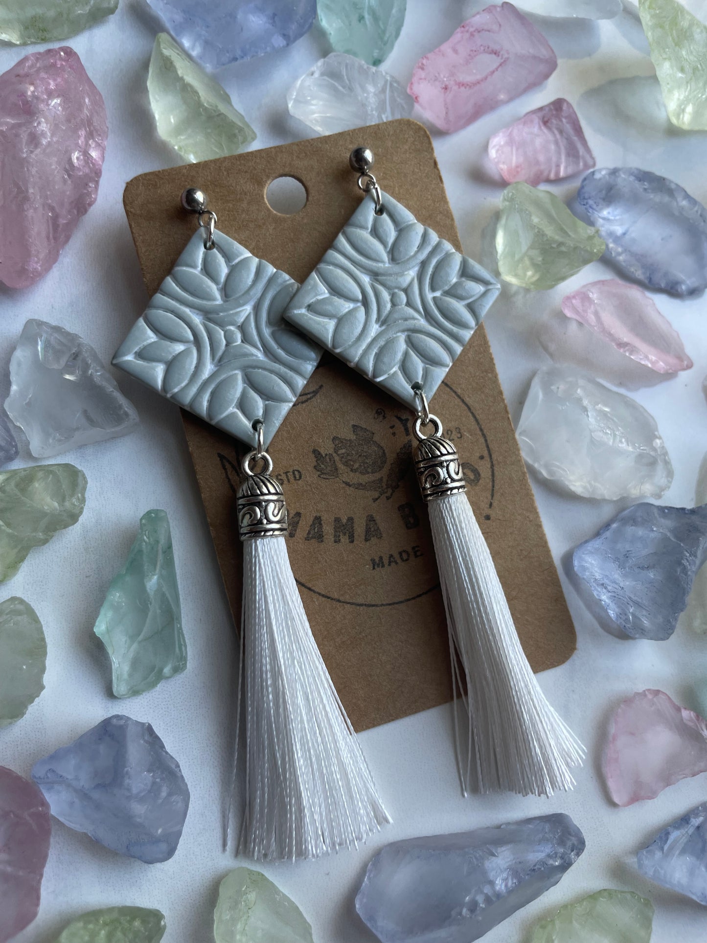 Green Tile Dangle on Silver Post with Tassel