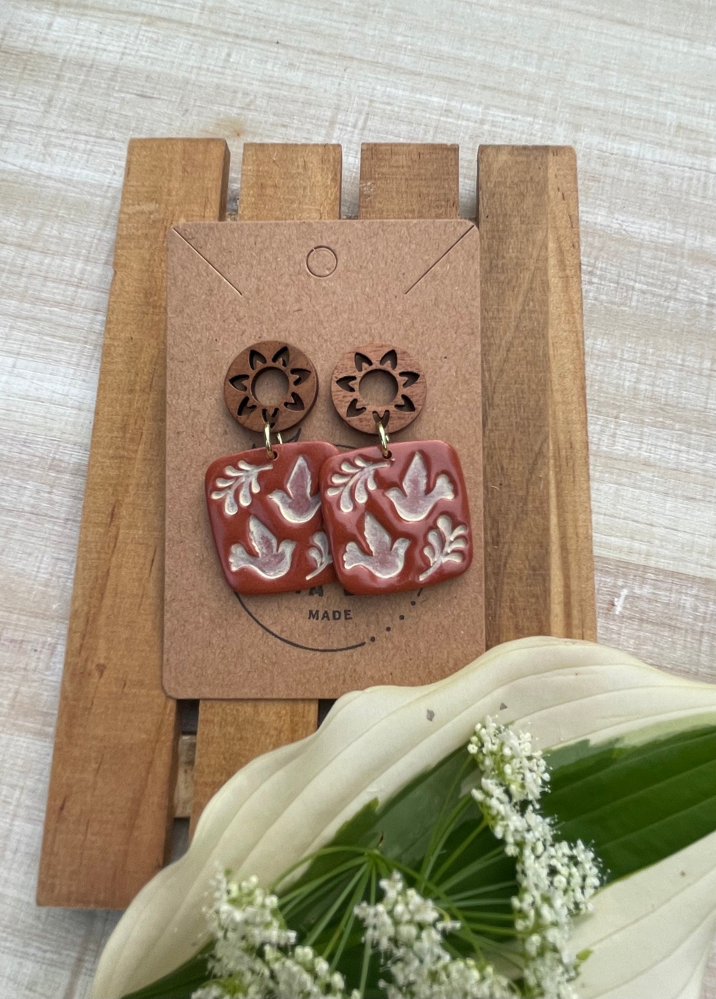Terra Cotta Bird Dangle on Wood Stud