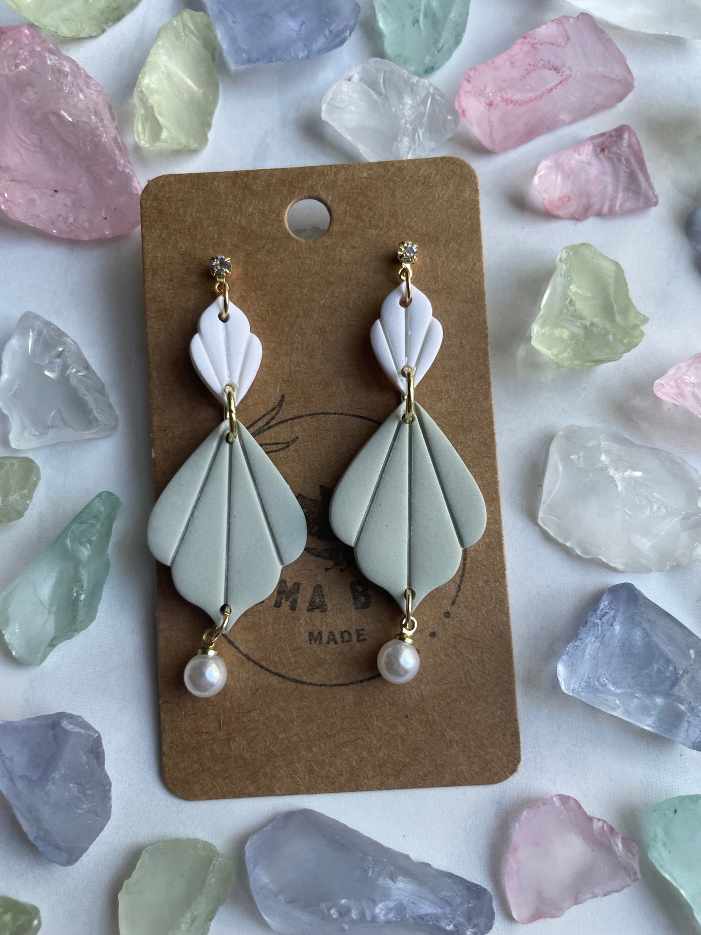 Green and White Shell Dangle with Pearl