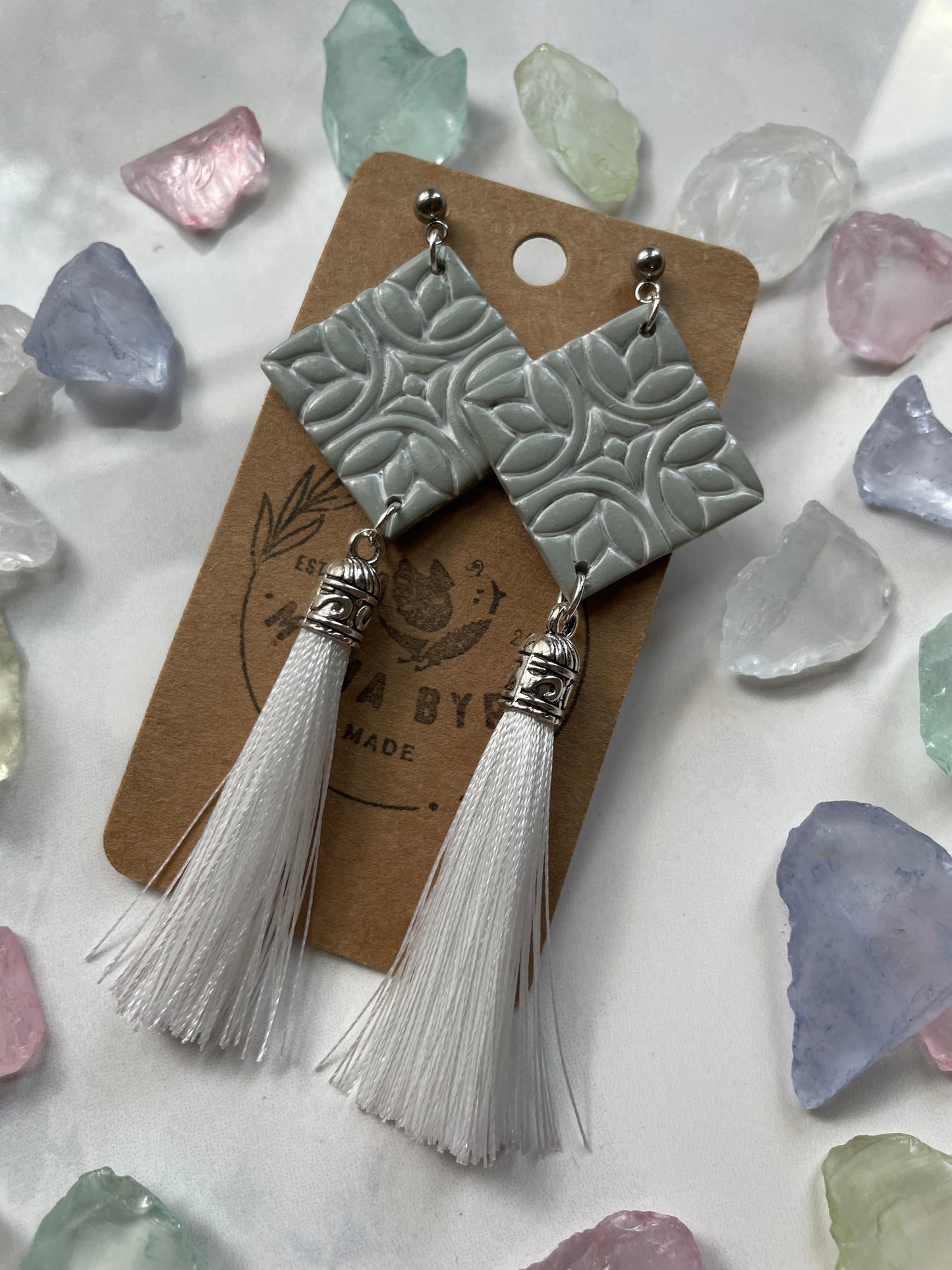 Green Tile Dangle on Silver Post with Tassel