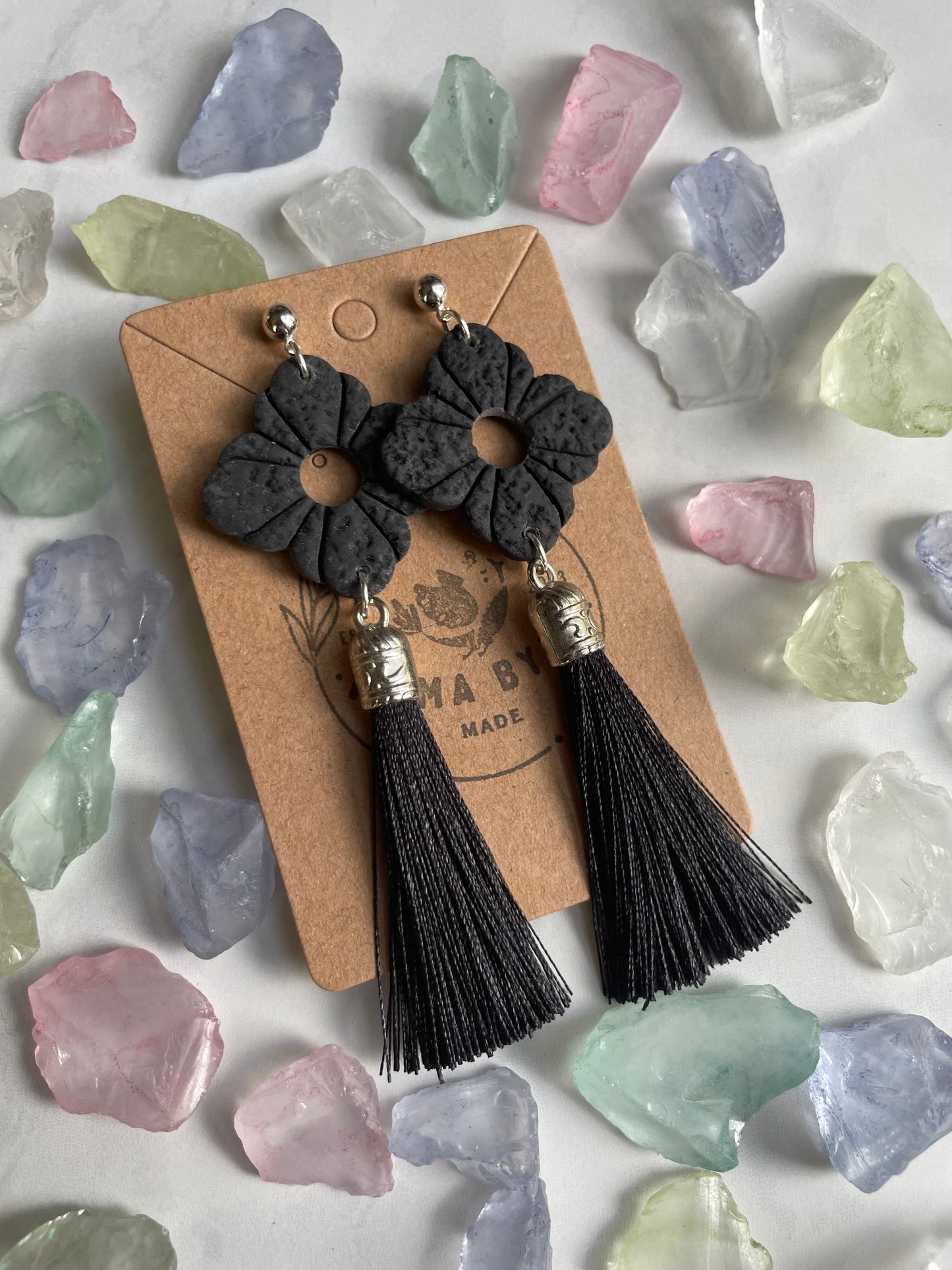 Black Embossed Dangle on Silver Ball Post with Tassel