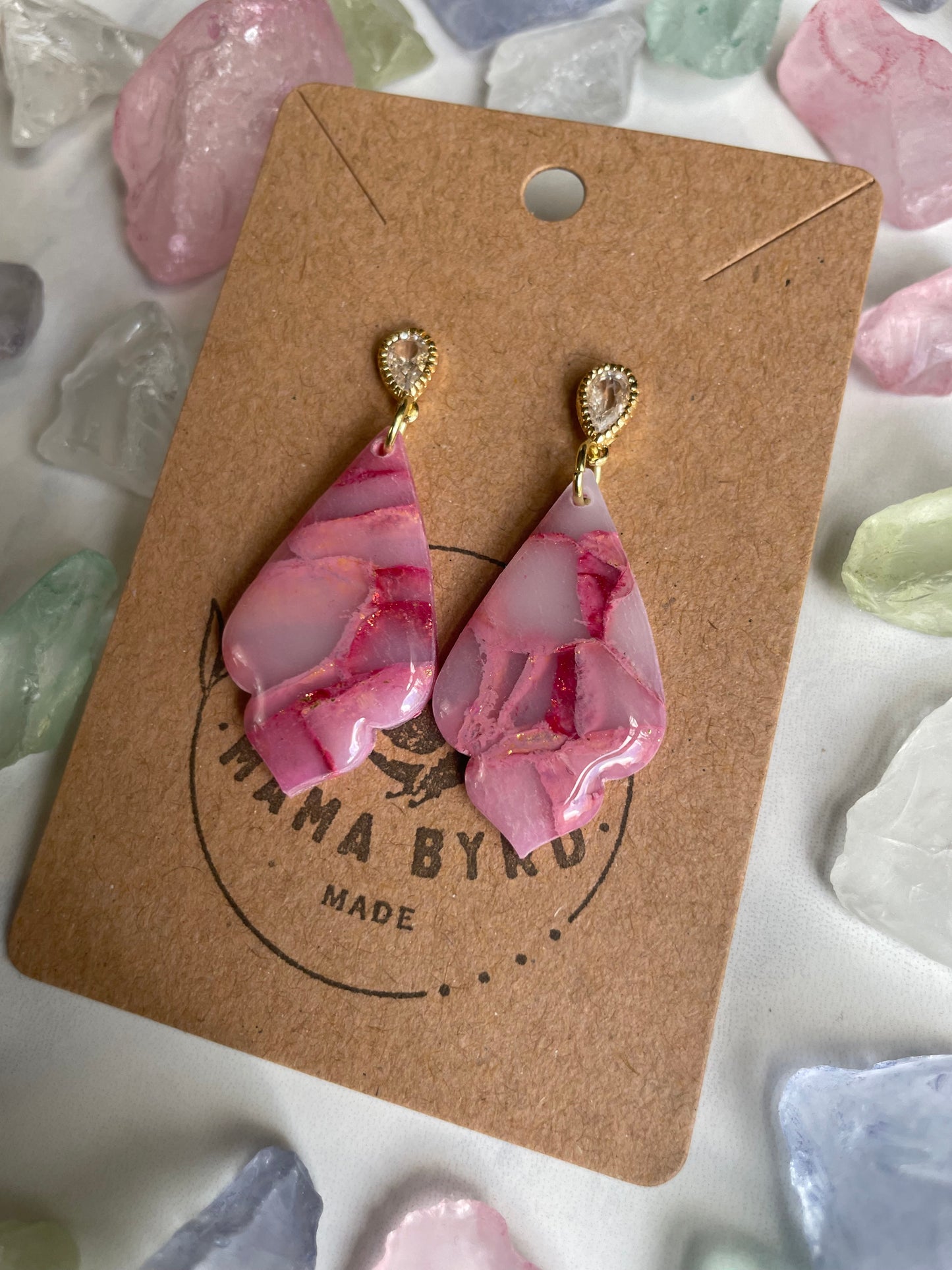 Ruby and Pink Rose Dangle on Cubic Zirconia Stud