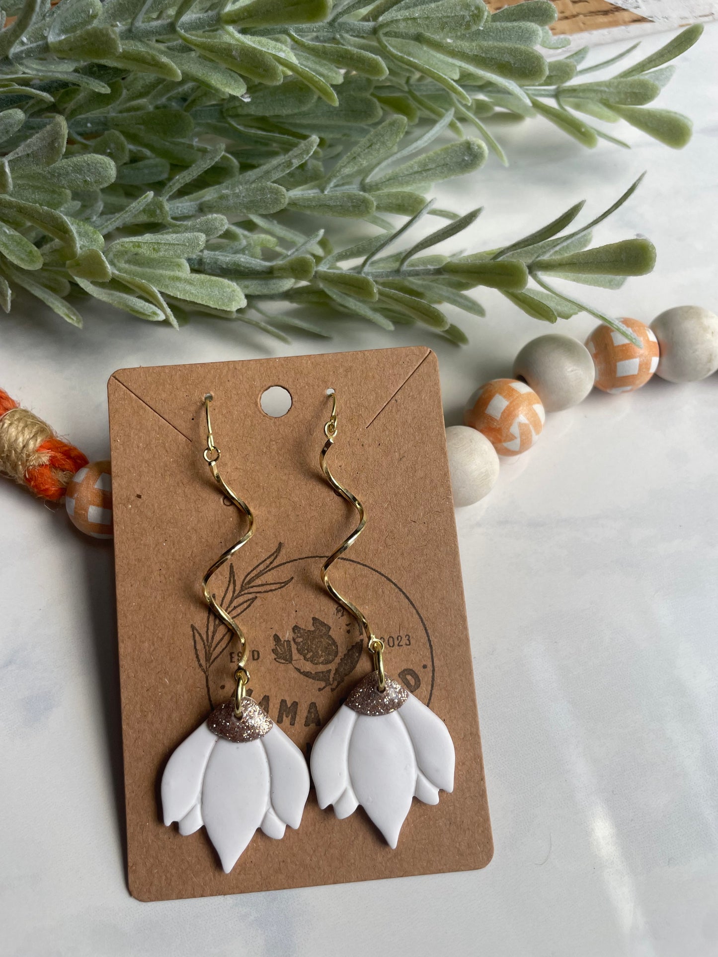 White Flower Swirly Dangle