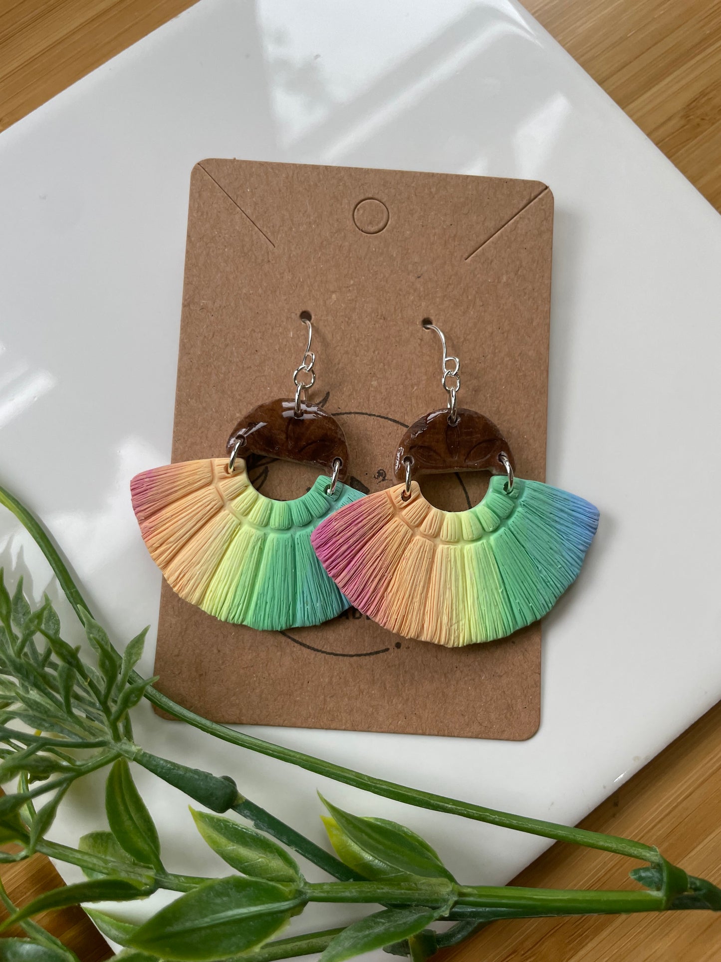 Rainbow (Bright) Macramé on Faux Wood Dangle