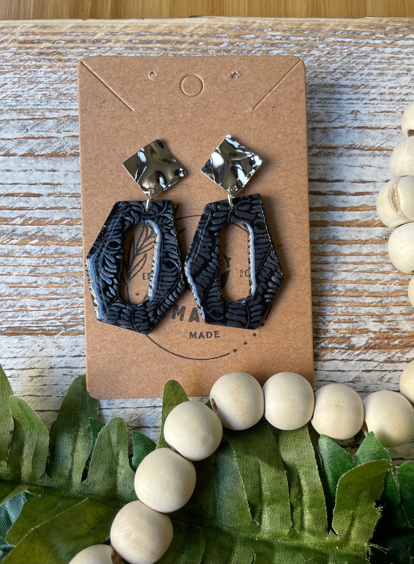 Black Fern Dangle on Silver Hammered Post