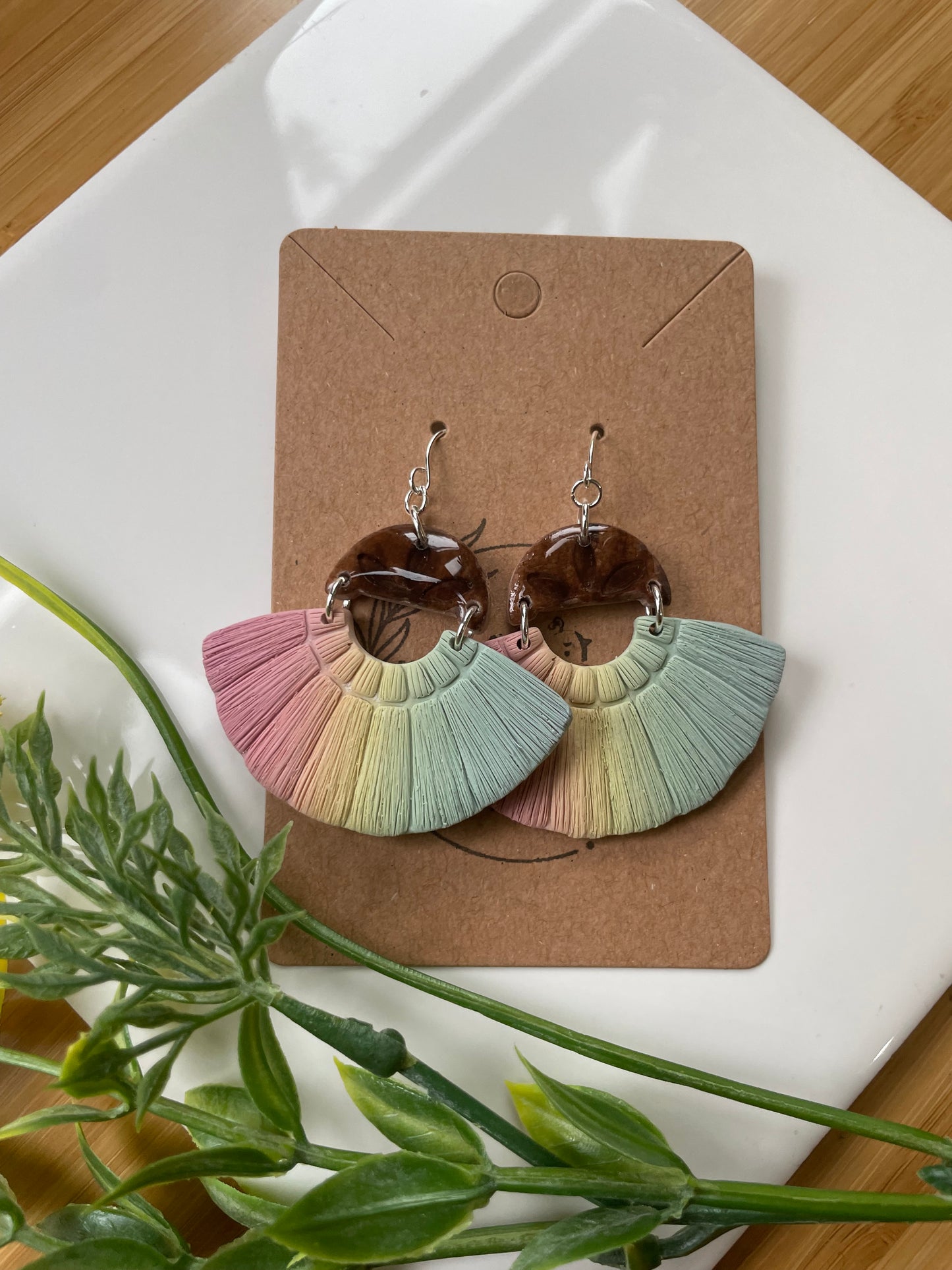 Neutral-ish Rainbow Macramé on Faux Wood Dangle