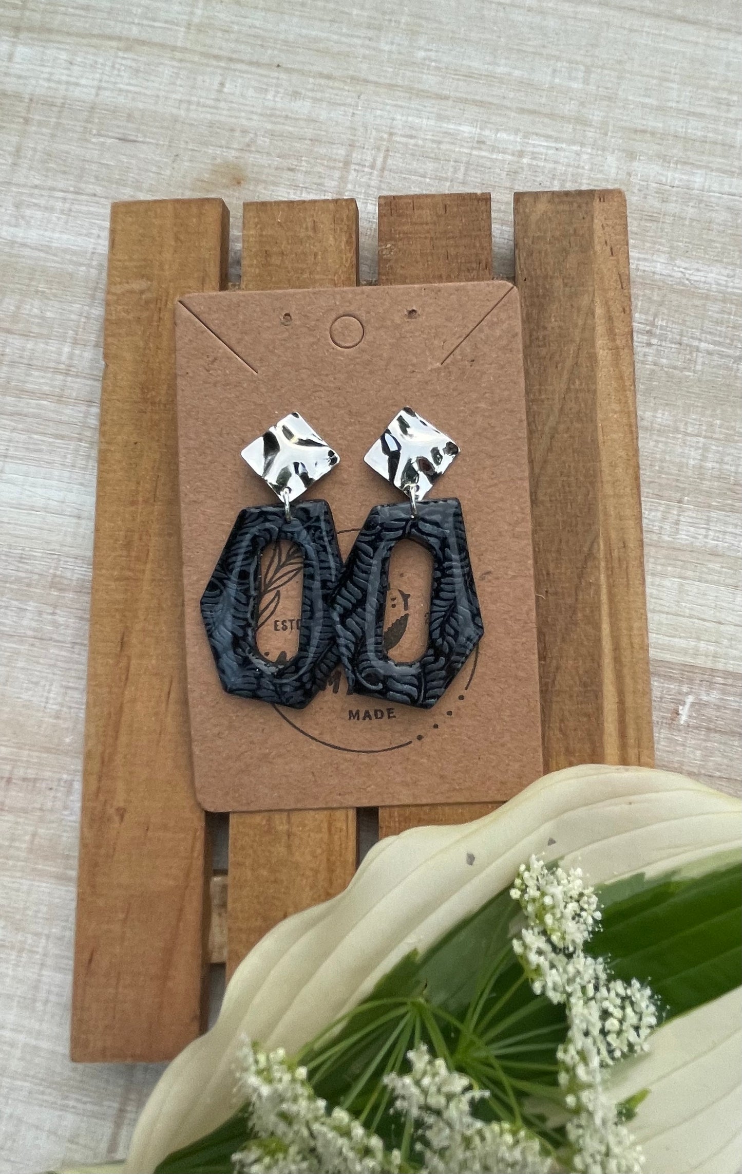 Black Fern Dangle on Silver Hammered Post