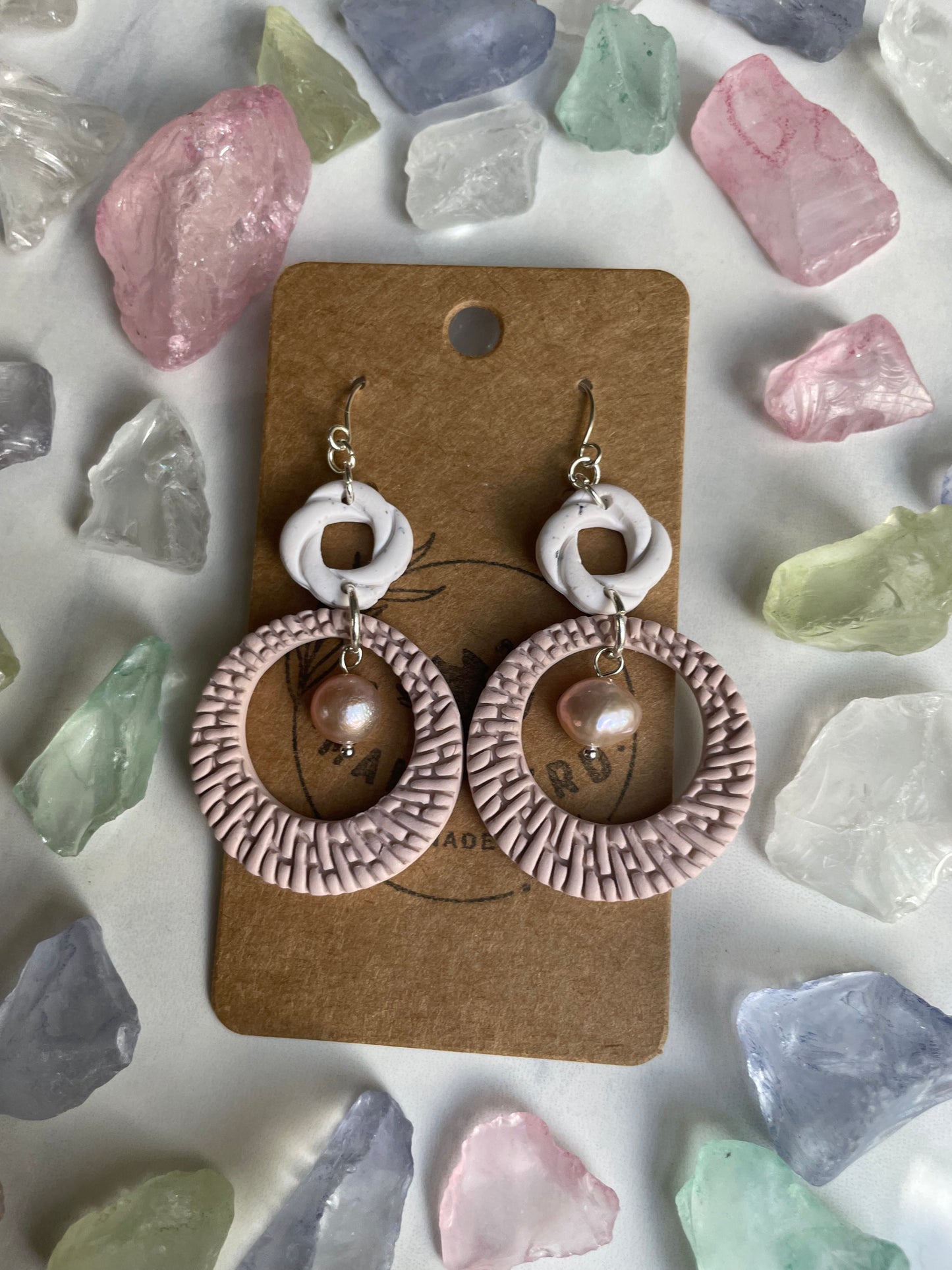 White and Tan Rattan Dangles with Freshwater Pearl