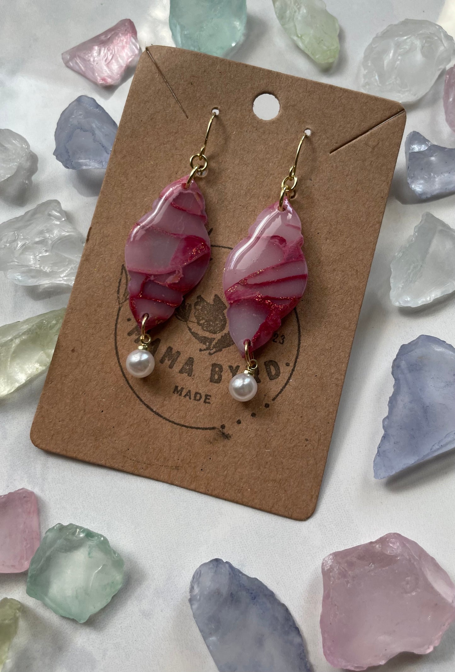 Ruby and Pink Rose Dangles with Pearl