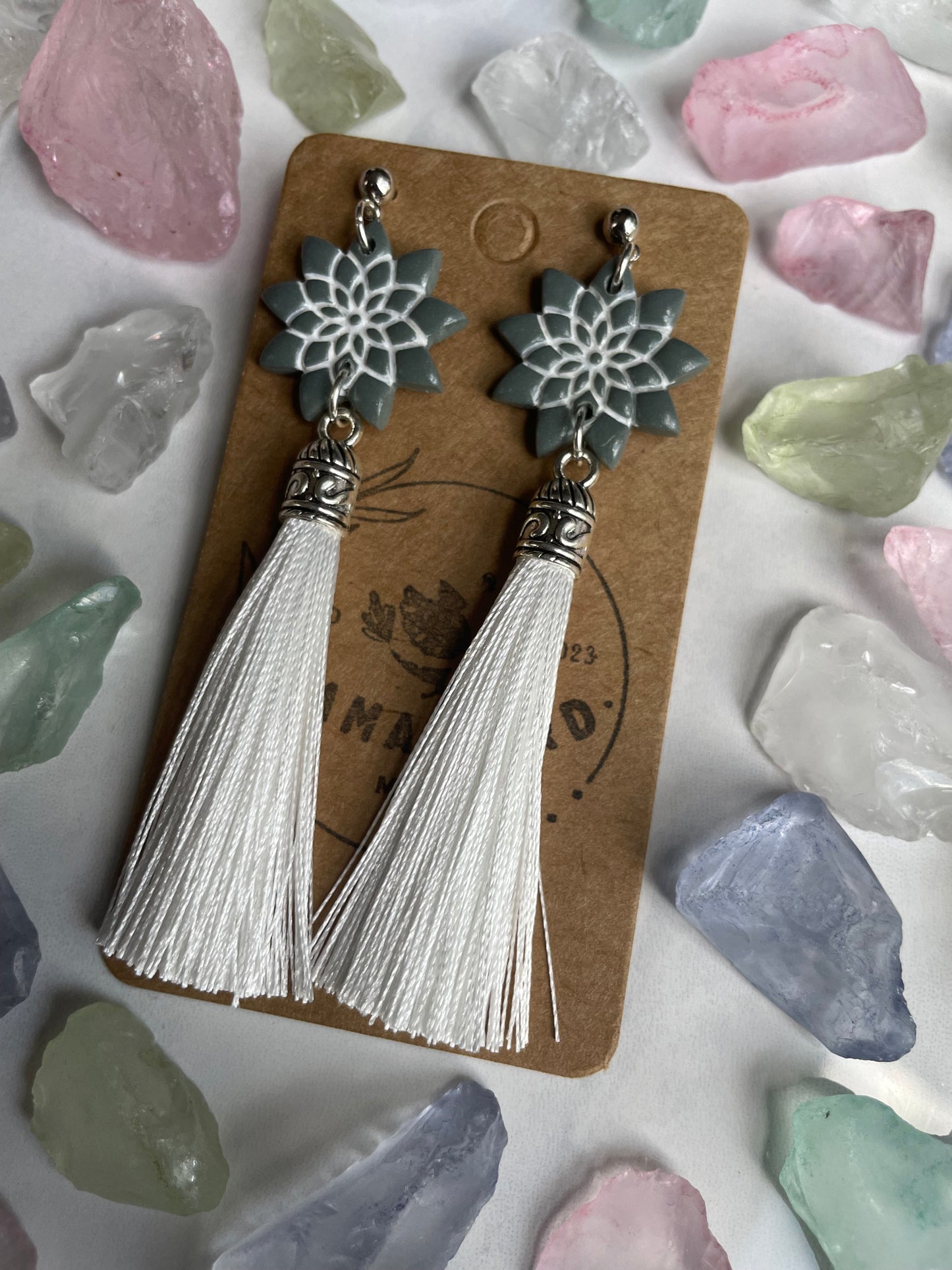 Green Flower Dangle on Ball Post with Tassel