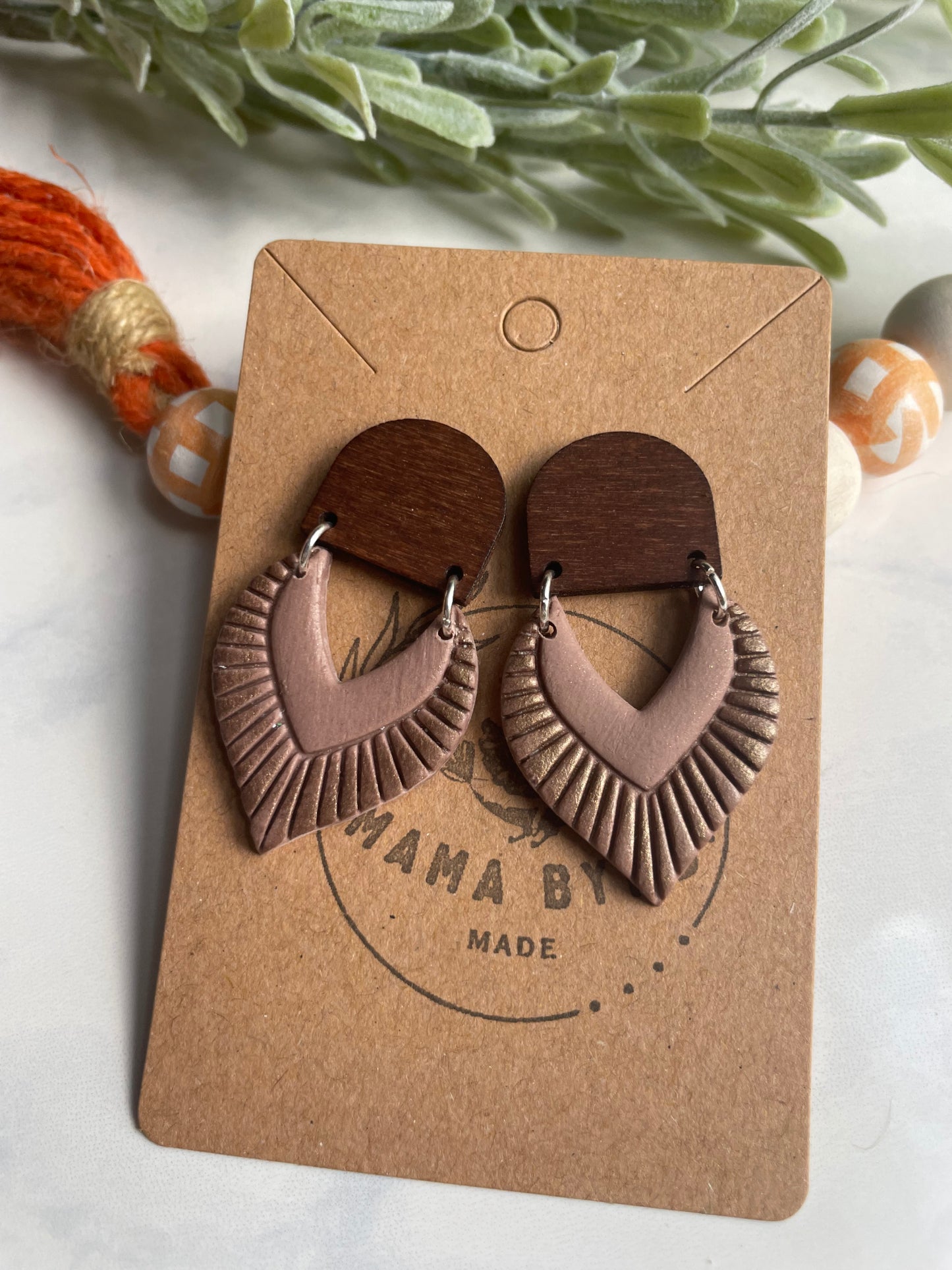 Coffee Brown Embossed Dangle on Wooden Post