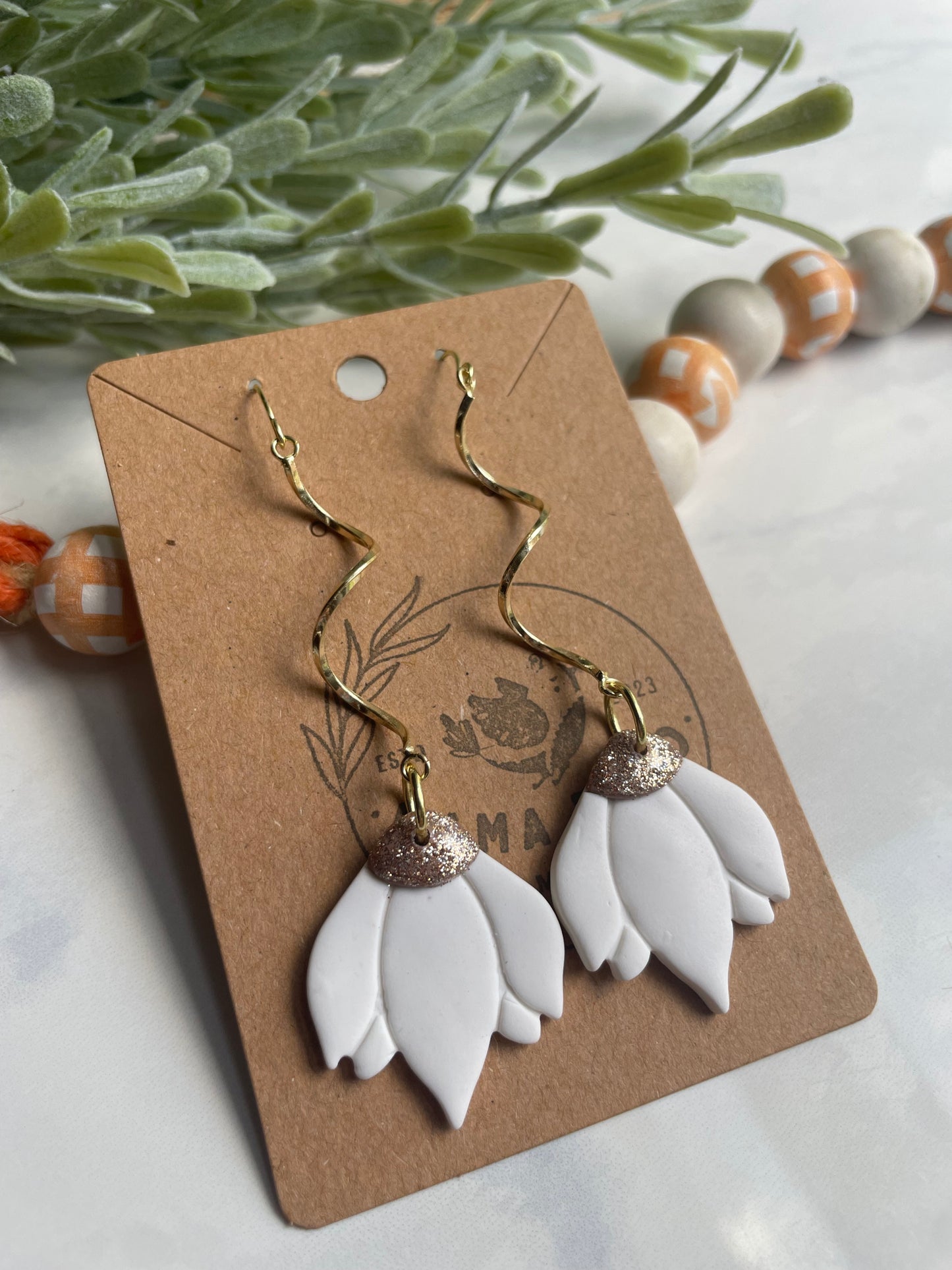 White Flower Swirly Dangle