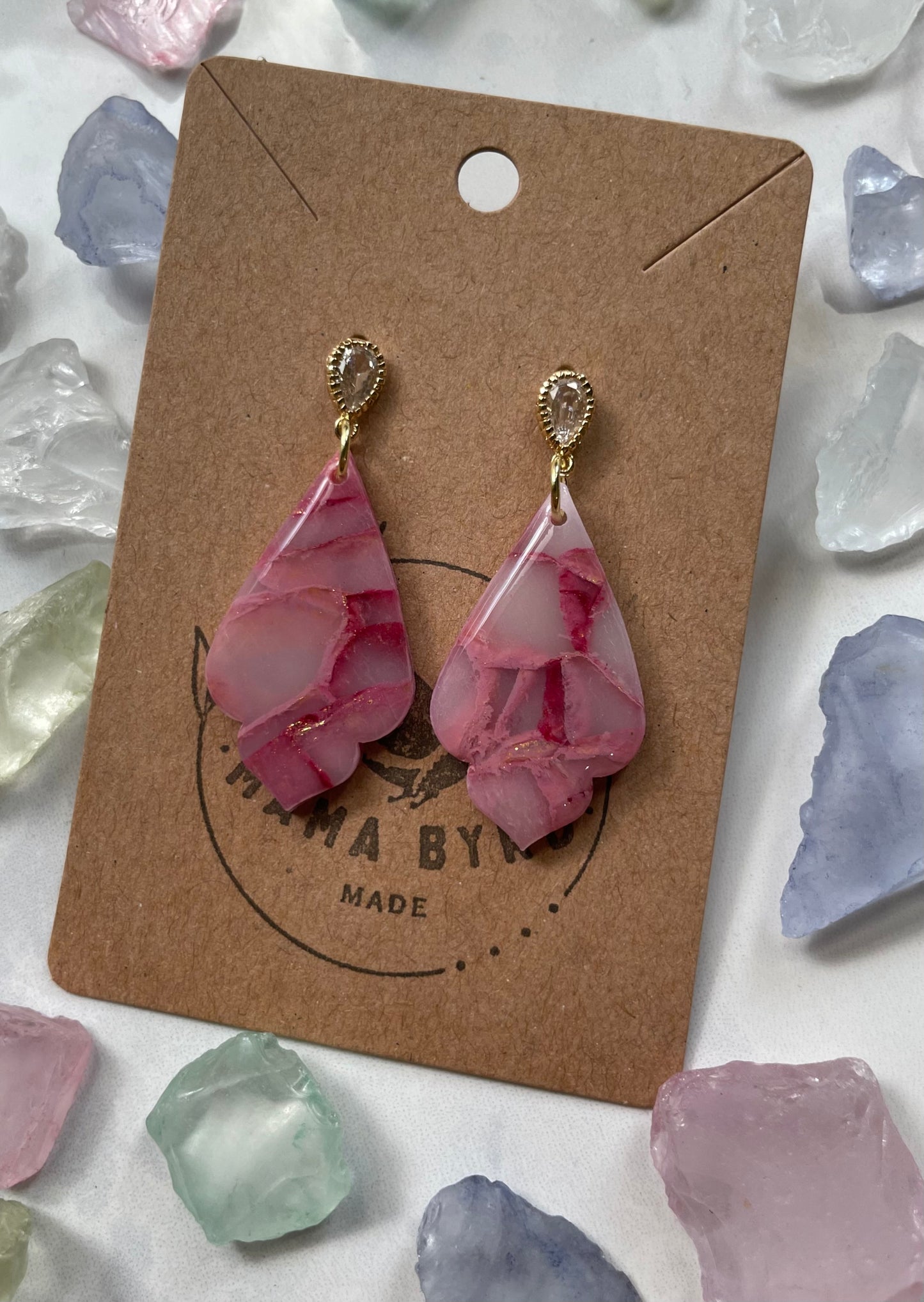 Ruby and Pink Rose Dangle on Cubic Zirconia Stud