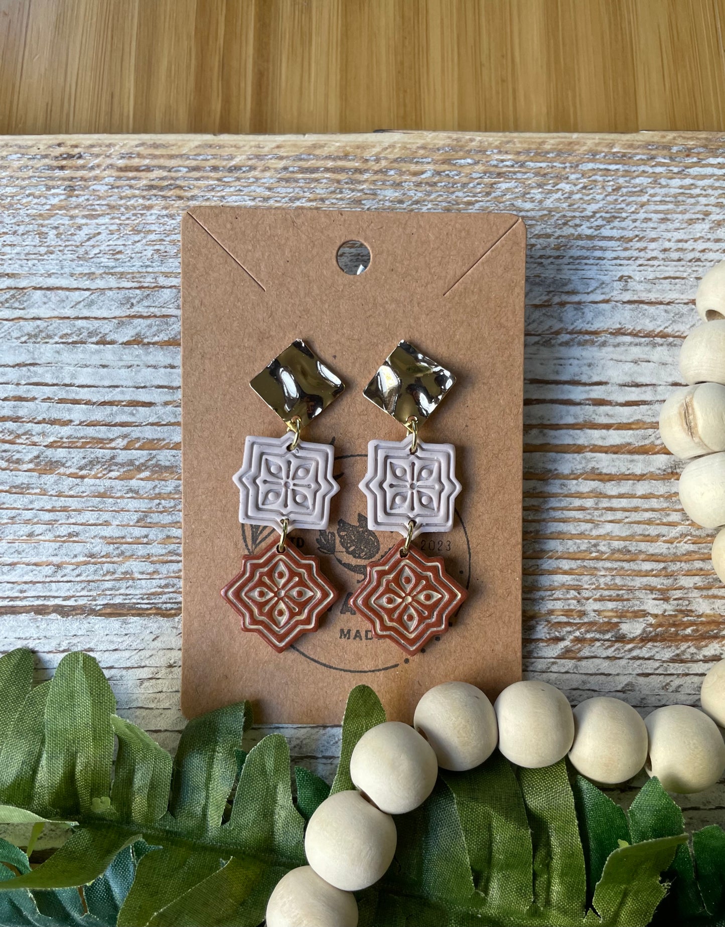 Two-Tiered Terra Cotta Tile On Gold Stud