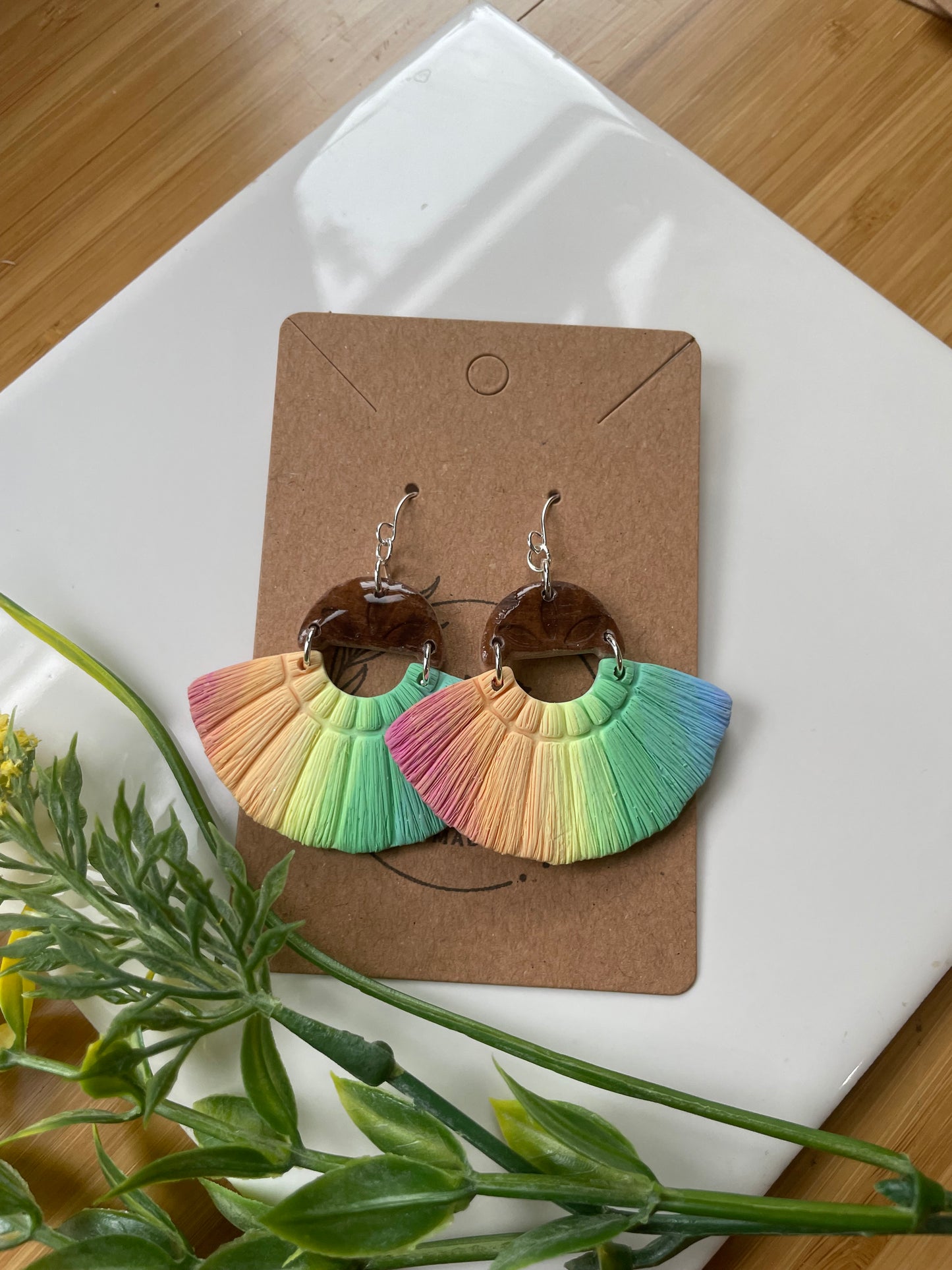 Rainbow (Bright) Macramé on Faux Wood Dangle